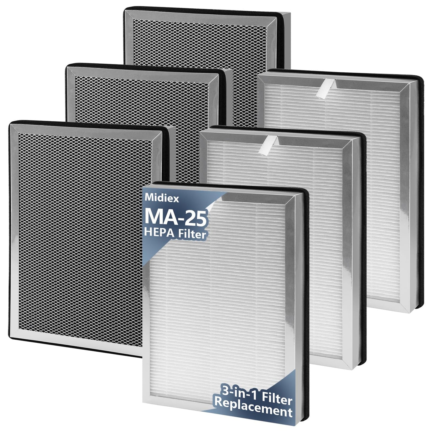 Midiex 6-Pack MA25 Replacement Filter Compatible with Air Purifier MA-25 Series S1/B1/W1, 3-in-1 H13 Ture HEPA with Activated Carbon Pre-filter