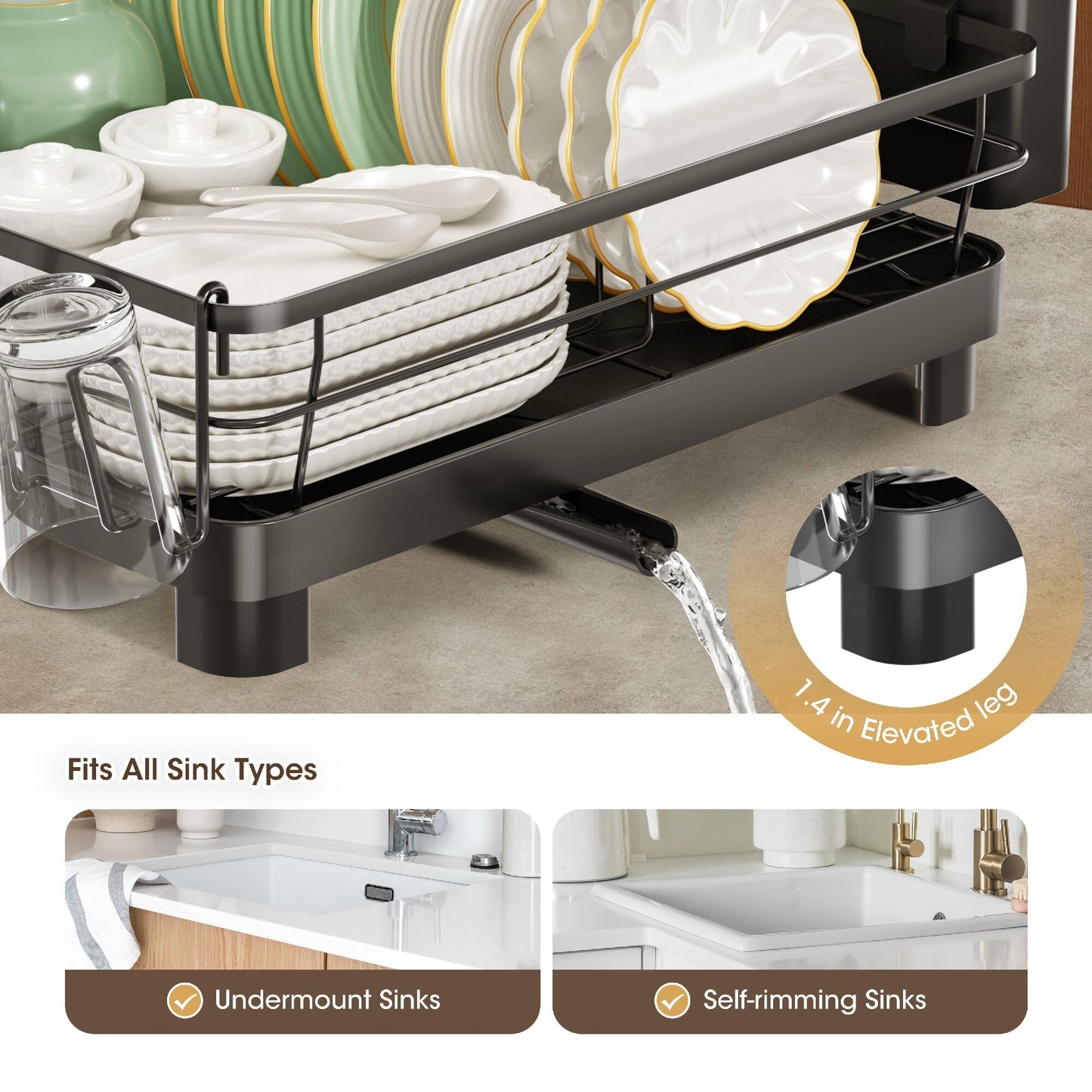 Runnatal Dish Drying Rack, Stainless Steel Dish Rack with Drainboard for Kitchen Counter and Sink, Large Capacity Dish Drainer, Detachable 2-in-1 Utensil Holder, Cup Holder, Black