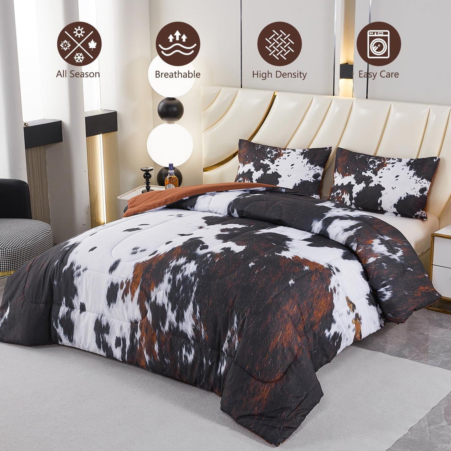 PERFEMET Black King Size Comforter Set 3 Pieces Cow Print Bedding Set Western Farmhouse Rustic Bed Comforter Animal Cowhide Quilt Set for Bedroom Decoration