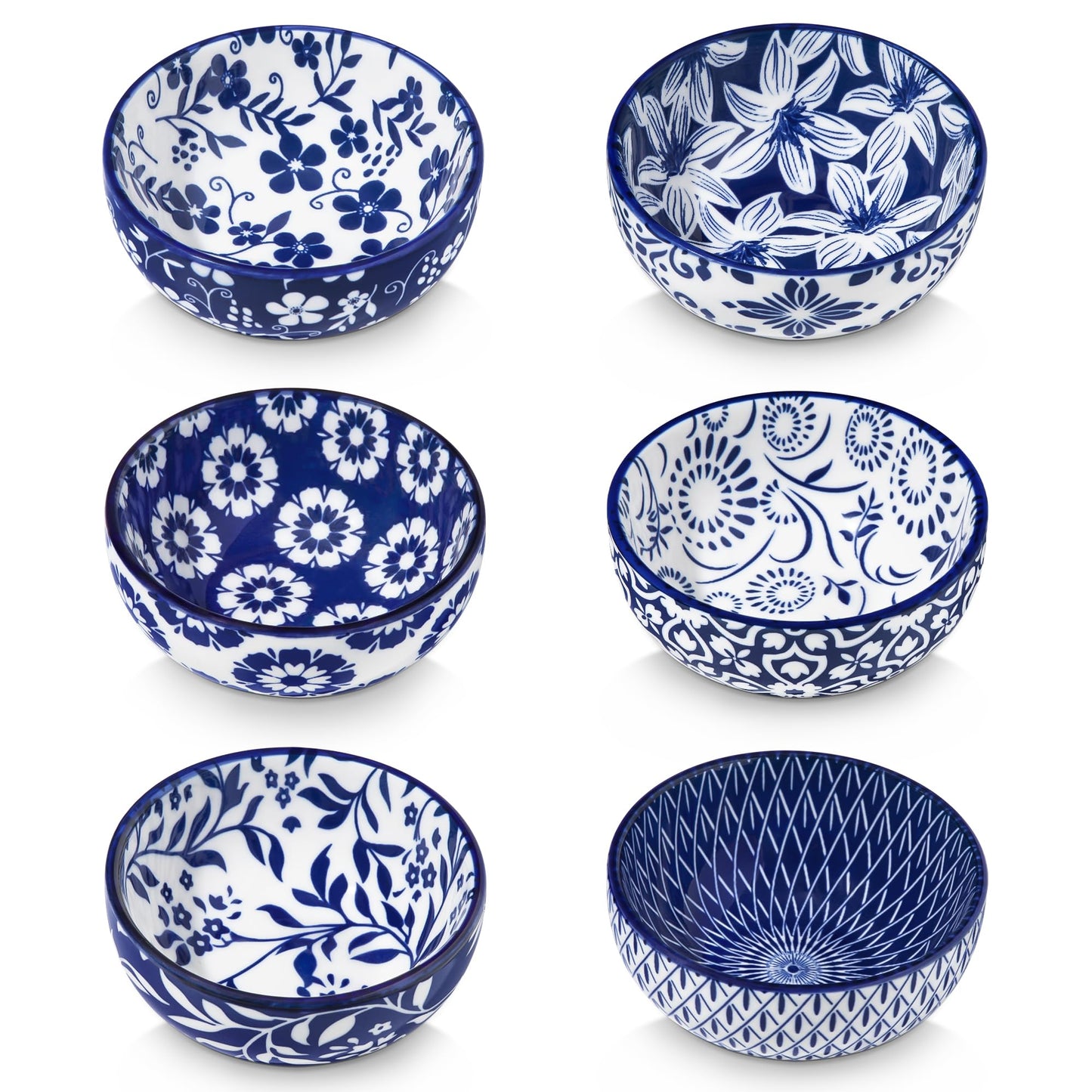 vancasso 2.7 Oz Ceramic Mini Dipping Bowls Set of 6, 3 Inch Small Dip Bowls for Sauce, Soy Sauce, Sushi, Condiments & Side Dishes, Chinoiserie Floral Style, Microwave & Dishwasher Safe, SELENE Series