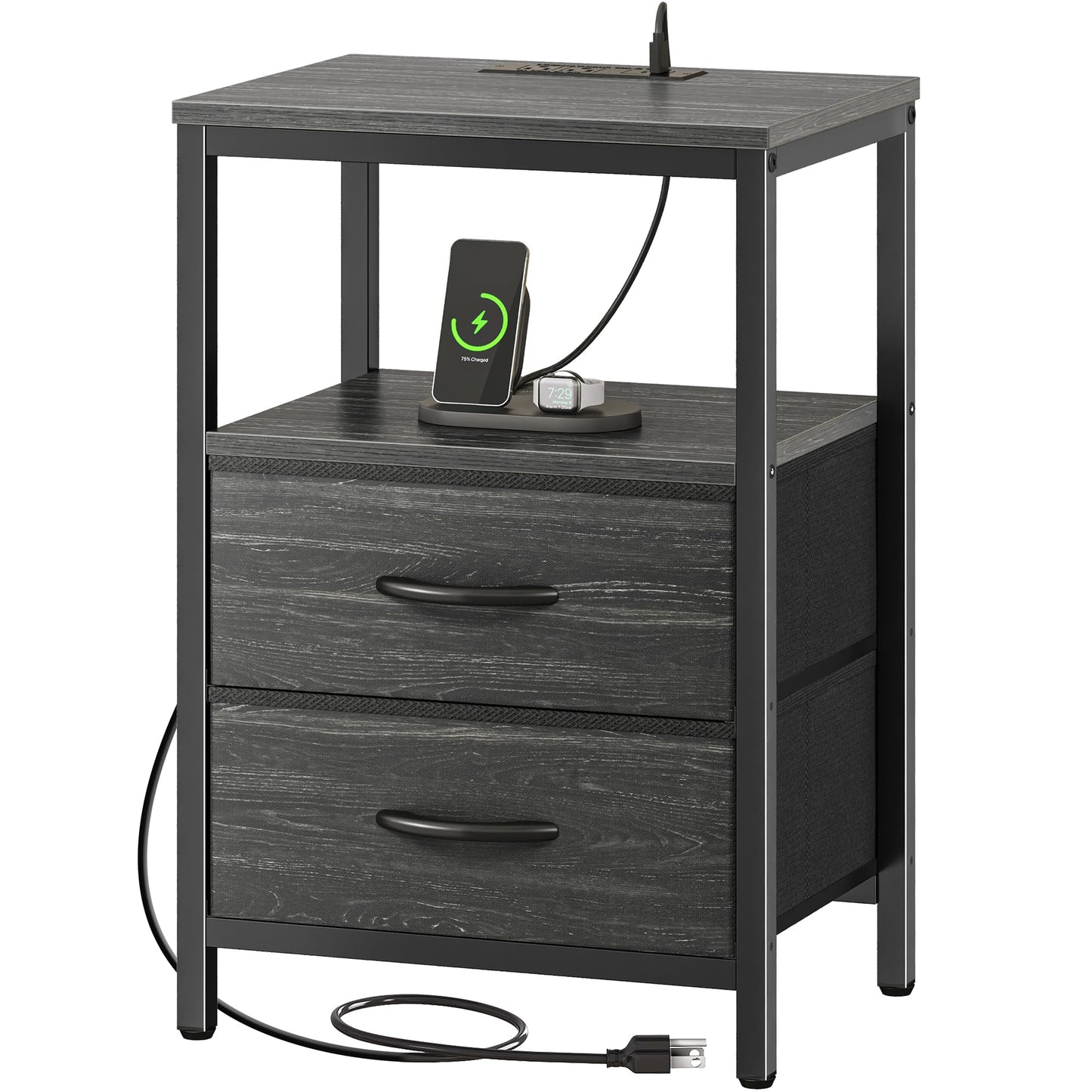 Huuger Nightstand with Charging Station, Fabric Drawers, End Table with Open Shelf, Bedside Table with USB Ports and Outlets, Night Stand for Bedroom, Charcoal Black Wood Grain Print