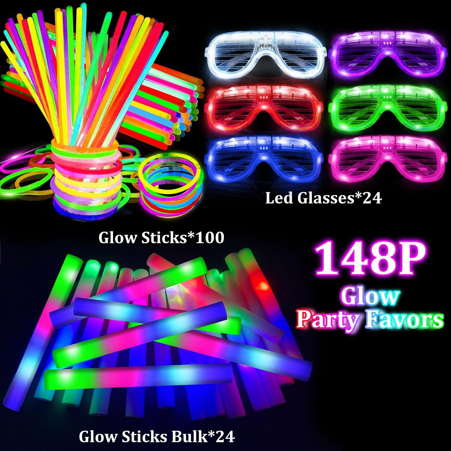 148 PCS Glow in the Dark Party Supplies- 24 Pcs 16" Foam Glow Sticks, 24 Pcs LED Glasses, 100Pcs Glow Sticks Necklaces Bracelets Light Up Party Favors Pool Party Wedding Concert 4th of July Patriotic