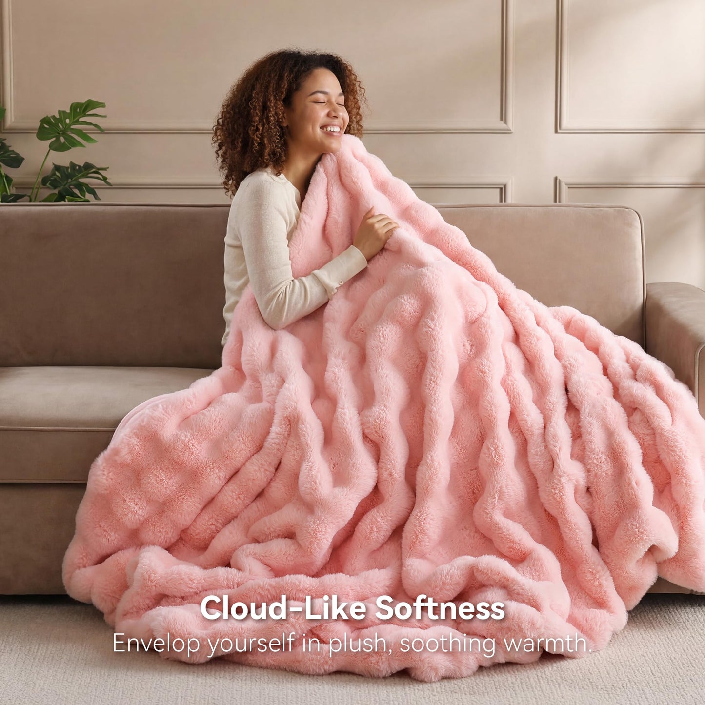 Smoofy Faux Fur Throw Blanket for Couch - Blush Pink Super Soft Cozy Bubble Blanket, Fluffy Plush Fuzzy Throw for Sofa & Bed, Thick Lightweight Warm Blanket, Luxury Aesthetic Gift for Women 60"x80"