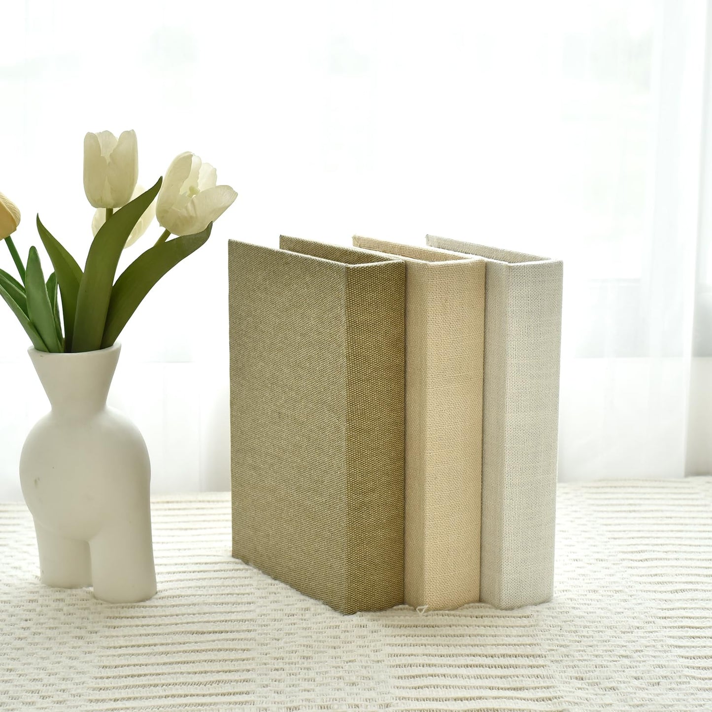 DECOR4SEASON Modern Linen and Wood Decorative Faux Book Boxes Set of 3,10", Taupe,Beige,Off White