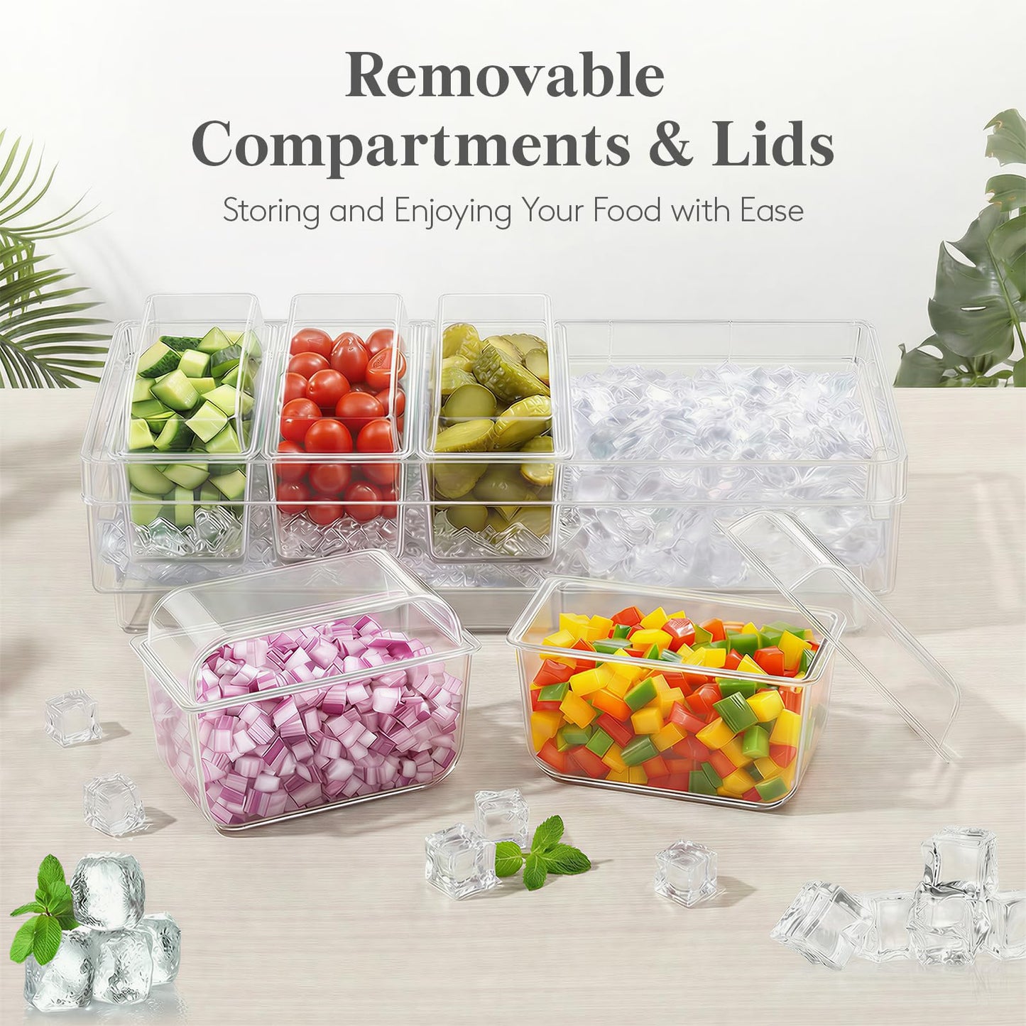 Lifewit Chilled Condiment Caddy with Lids, Serving Set for Party with 5 Containers & Accessories, Garnish Tray for Bartenders, Serving Platter for Taco & Mimosa Bar, Lemonade Stand, Buffet Supplies