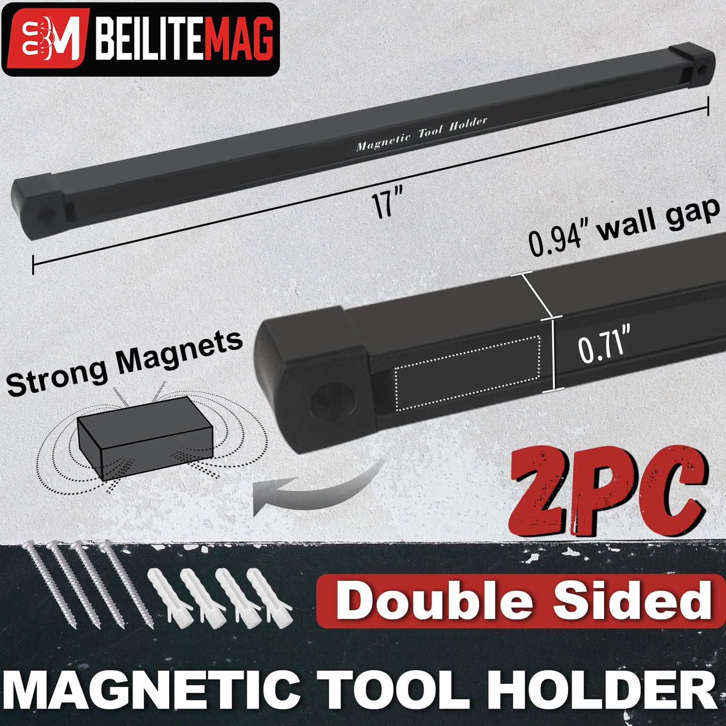 BEILITEMAG 17 Inch Double Sided Magnetic Tool Holder, Heavy Duty Wall Mount Bar with Extra Strong Magnets for Screwdrivers Wrenches Pliers, Magnetic Tool Strips for Garage Workshop or Jobsite (2 Pack)