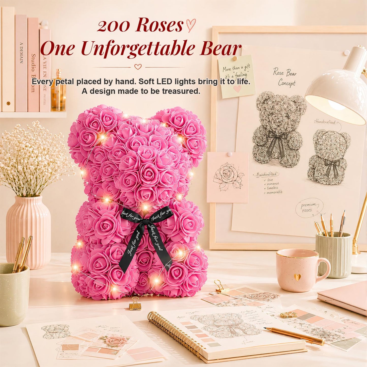 Otlonpe Preserved Artificial Roses Flowers Bear, Forever Women Gifts for Birthday Christmas Valentines Mothers Day, 9'' Pink Rose Flower Small Bear Lamp in Box, Gifts for Women Mom Grandma Daughter