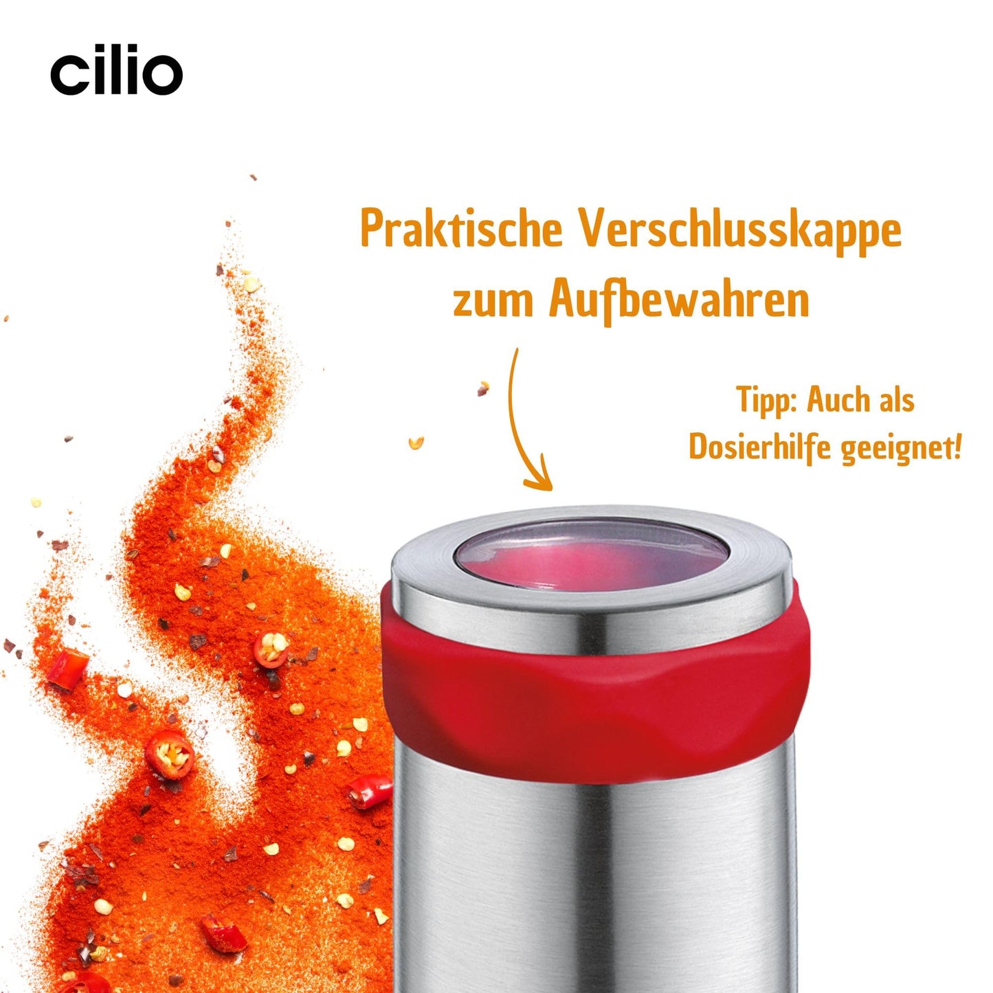 Cilio Piccante Premium Chili Pepper Mill, 2.75"D x 7" H, Stainless Steel/Glass