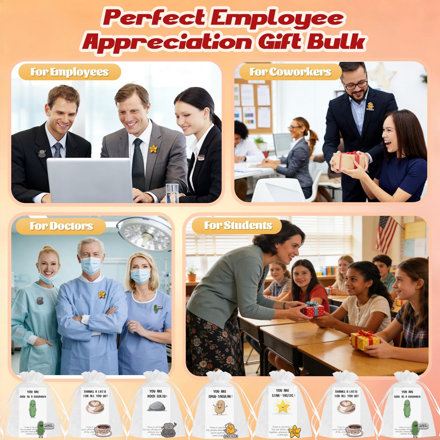 SINCCO 25/50/100 Sets Employee Appreciation Gifts Bulk, Small Team Appreciation Gift for Employees Of The Month Lapel Pins With Inspirational Thank You Cards for Office Coworkers Staff