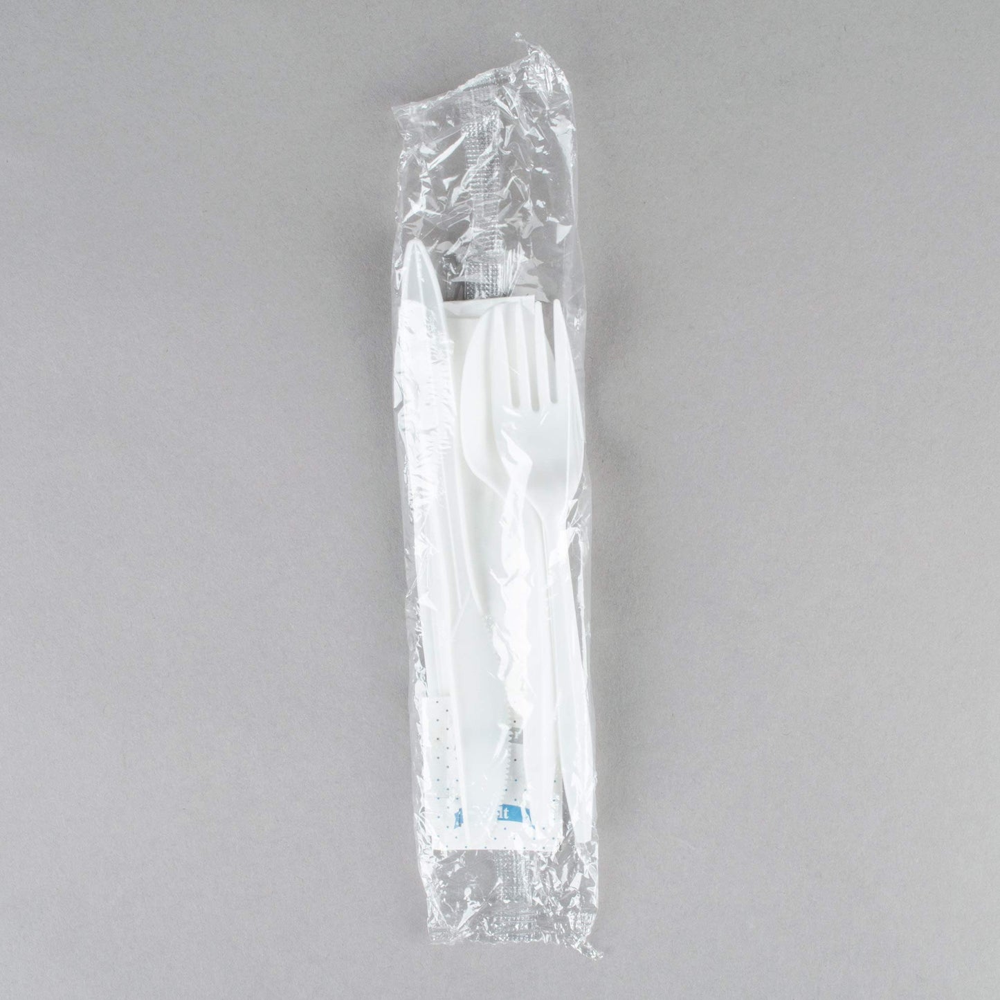 KitchenDine 100 Pack Medium Weight Wrapped white Plastic Cutlery Pack with Napkin and Salt/Pepper Packets (White)