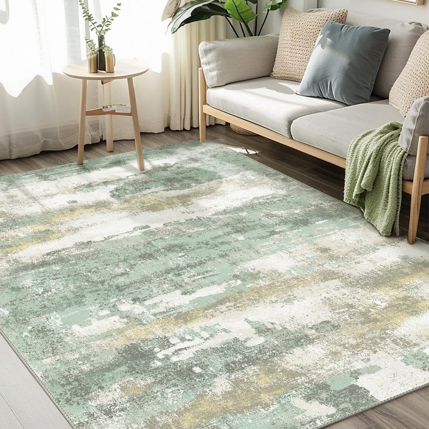BEIMO Area Rugs 5x7 for Living Room Bedroom, Modern Abstract Machine Washable Large Light Green Rug Soft Rug, Low Pile Floor Carpet with Non Slip Backing for Dining Room