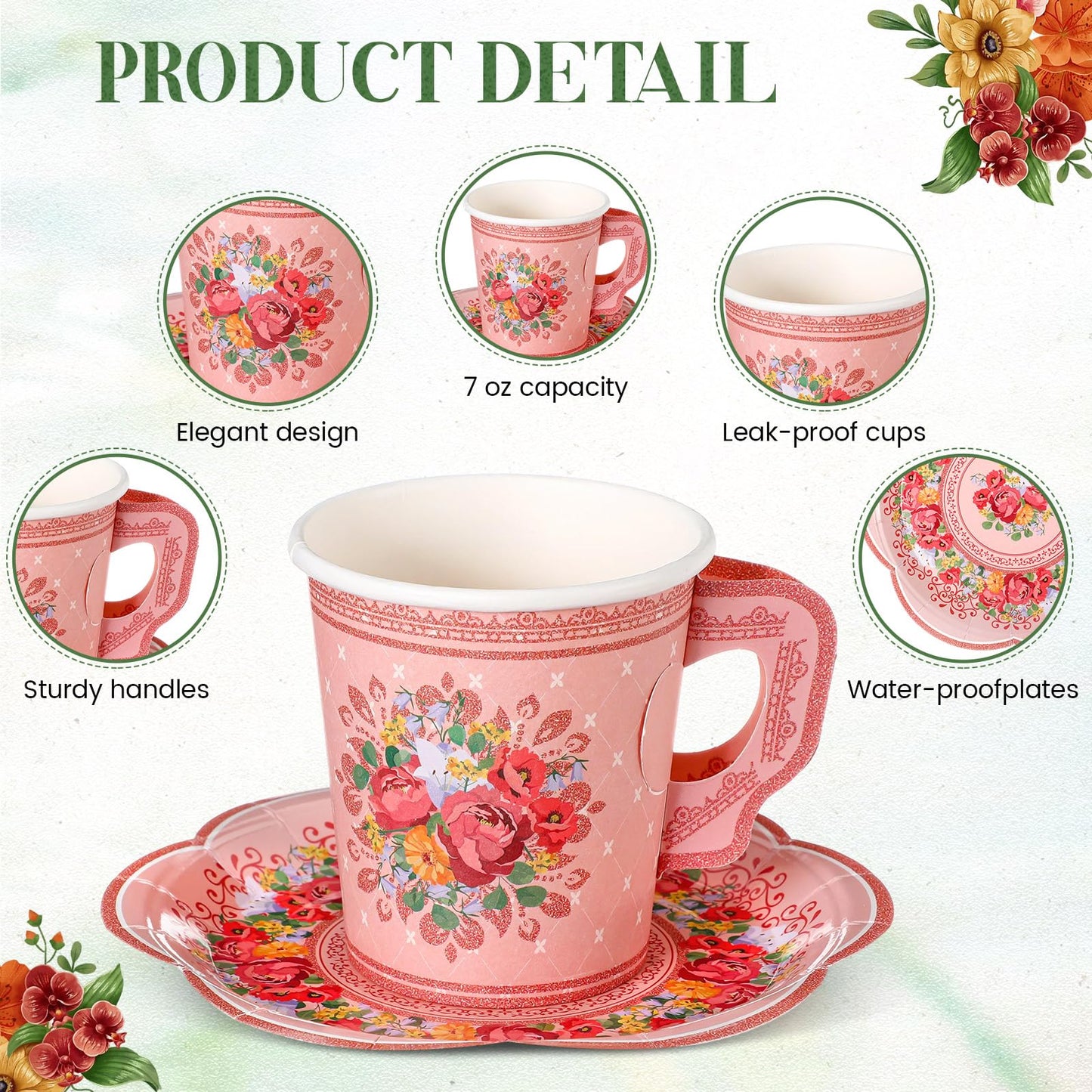 Nuogo 400 Pcs Floral Paper Tea Cups and Saucers Disposable Tea Party Supplies, 200 Sets 7 oz Vintage Teacups with Handles and Plates for Wedding Birthday Baby Shower Bridal Garden Summer Party