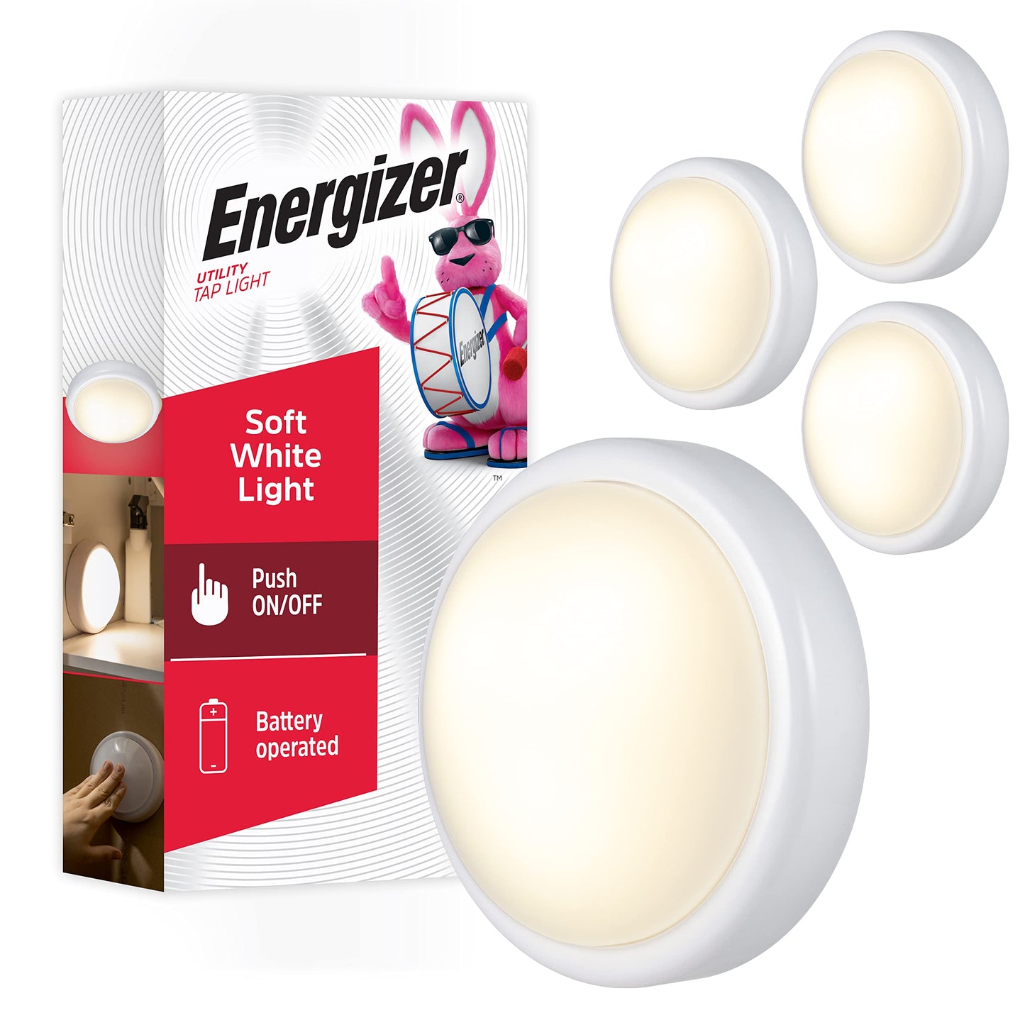 Energizer Battery Operated Lights LED Tap Light Under Cabinet Lighting for Kitchen Closet Pantry Garage, AA Batteries Required, Nightlight for Bedroom, 4 Pack, 48958