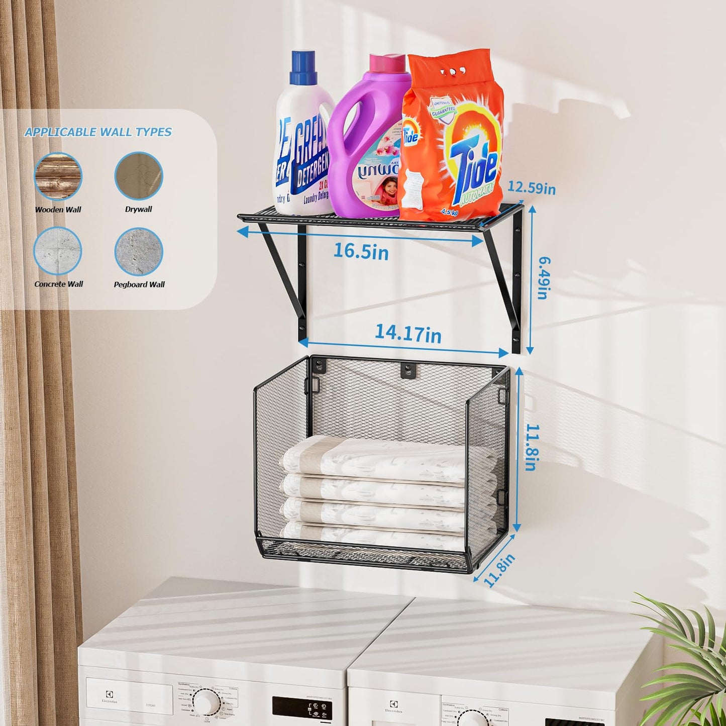 BigPonPon 2 Pack Laundry Room Shelves Organization and Storage,Wall Mounted Clothes Drying Rack with Wire Mesh Basket Over Washer and Dryer, (Black, 2 Pack)