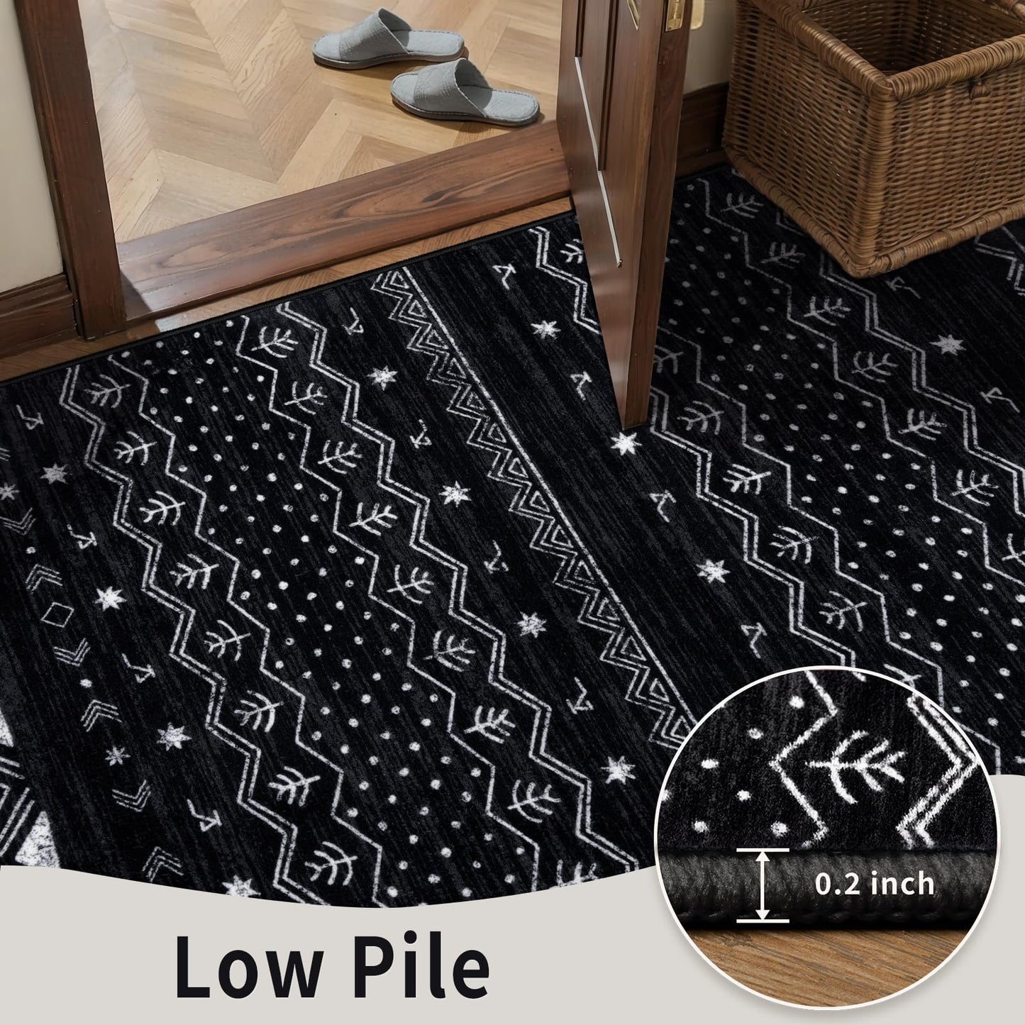 SERISSA Hallway Runner Rug, 2x10 Washable Non-Slip Black and White Runners for Hallways, Soft Low-Pile Boho Geometric Indoor Long Carpet for Kitchen Entryway Laundry Bedroom Bathroom