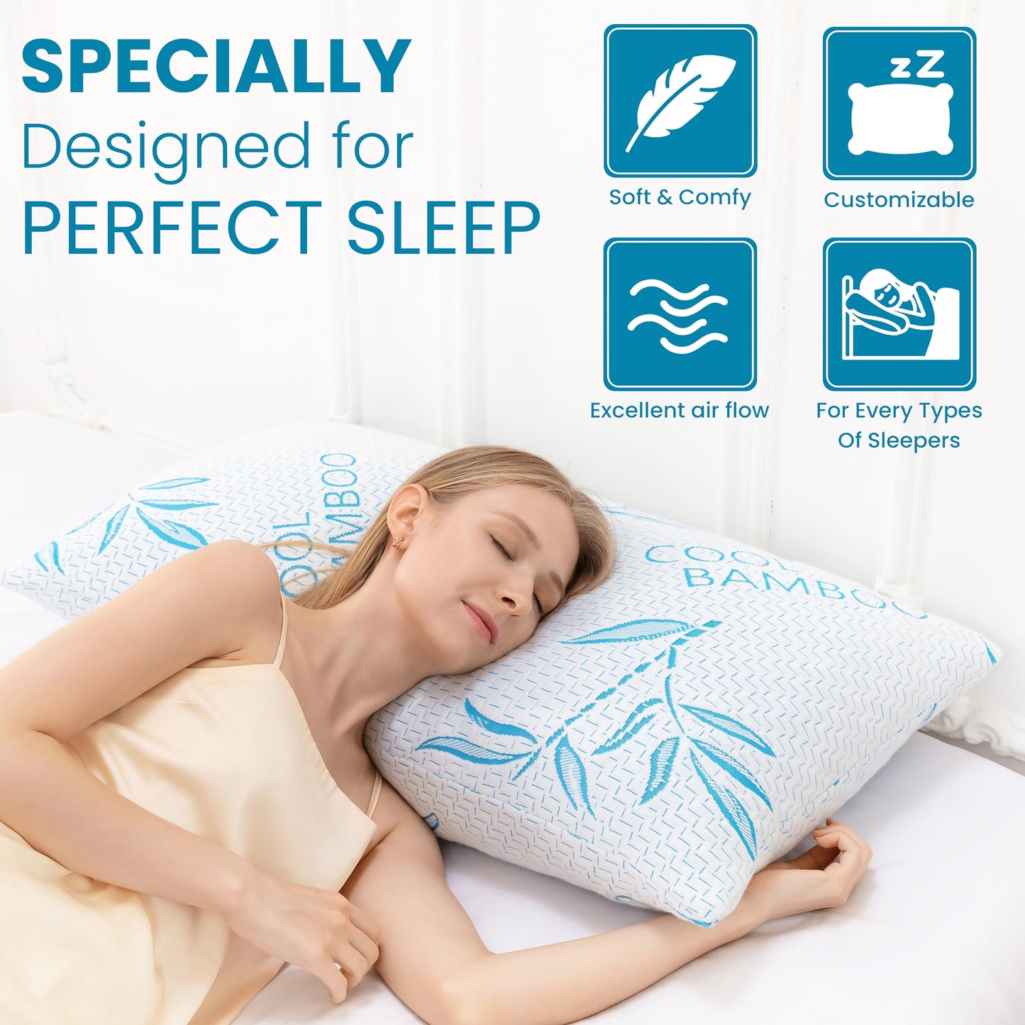 ComfySleep Queen Size 2 Pack Rayon Made from Bamboo Pillows for Sleeping, Cooling Shredded Memory Foam Adjustable Bed Pillow with, Removable/Washable Cover (Queen 2 Pack)