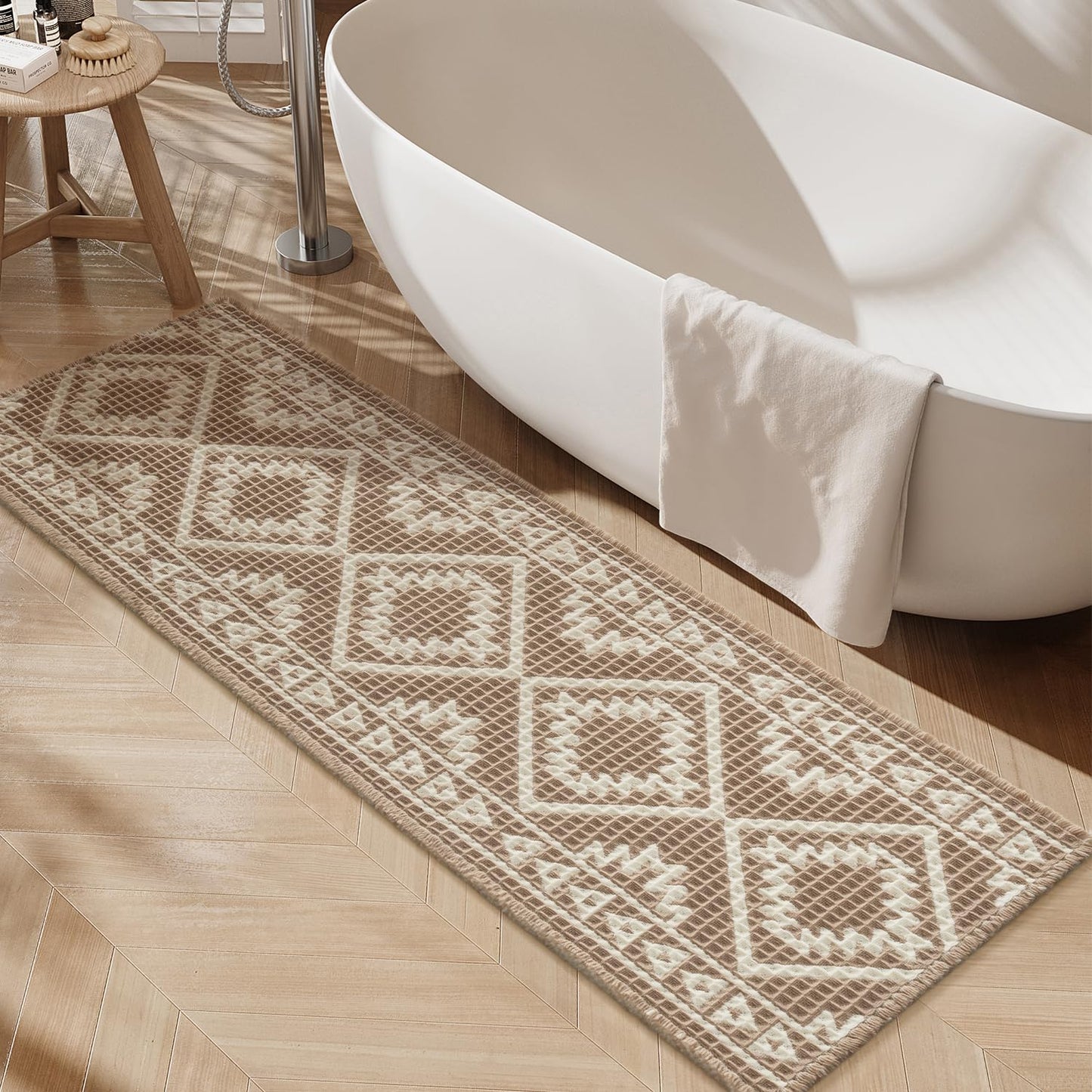 PADOOR-Waffle Bathroom Runner 24"x72", Super Absorbent Bath Mats for Bathroom, Machine Washable Non Slip Bath Rug with Tassels, Soft Bath Mat for Laundry Room, Bedroom, Brown & Cream, 2'x 6'