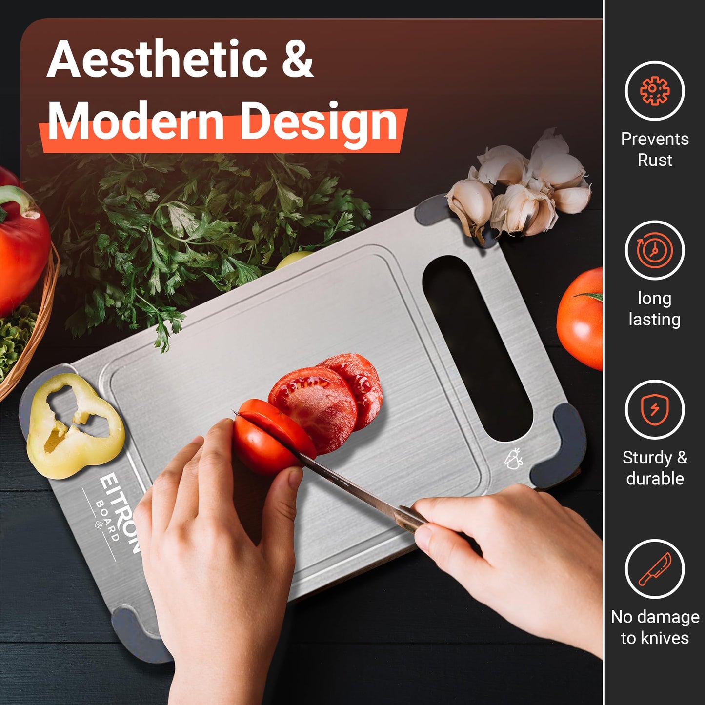 EITRON Titanium Cutting Board Set of 3 for Kitchen - 100% Pure Titanium Metal Chopping Boards, Non-Toxic Food Grade, Double-Sided with Juice Groove & Non-Slip Corners, Dishwasher Safe (S+M+L)