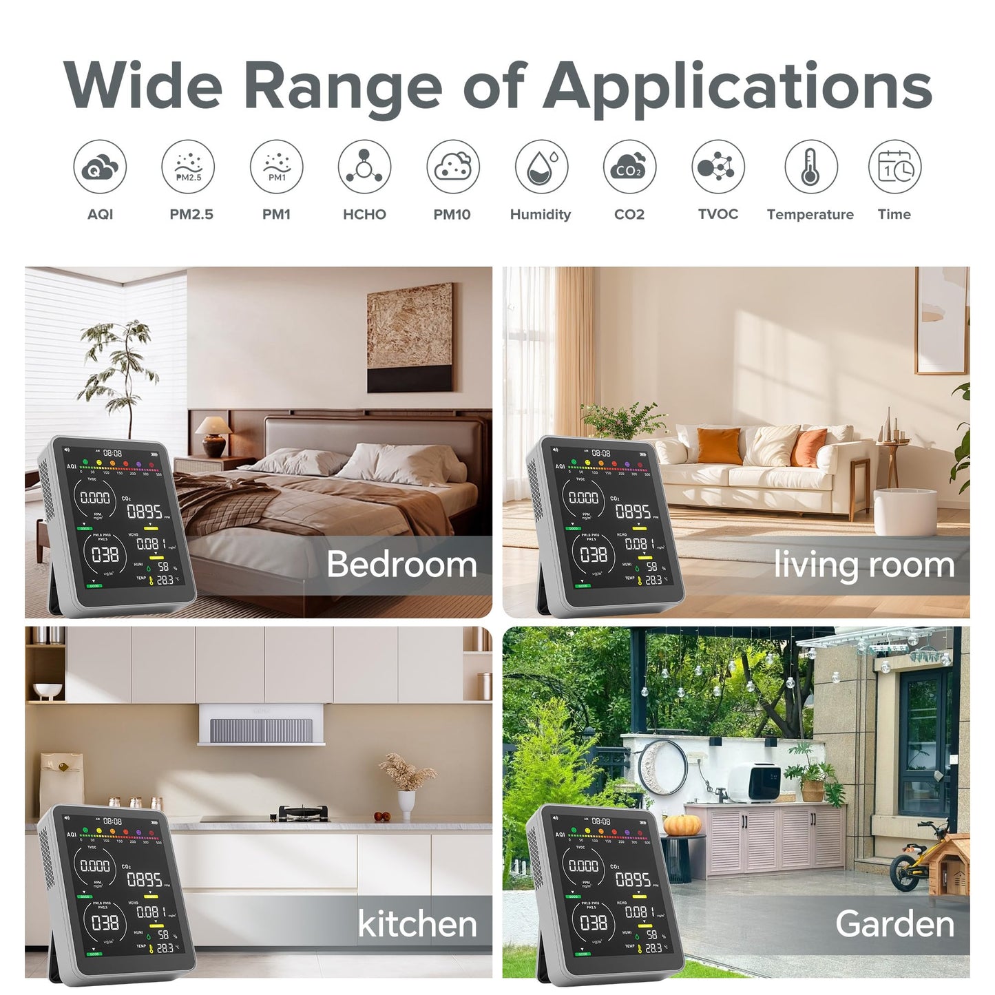 16 in 1 Air Quality Monitor Indoor-Portable Indoor Air Quality Meter with 7AQI Beep Alarm,for CO2,HCHO,TVOC,PM2.5, PM1.0,PM10,AQI,Temperature,Humidity & Time Display (Grey)