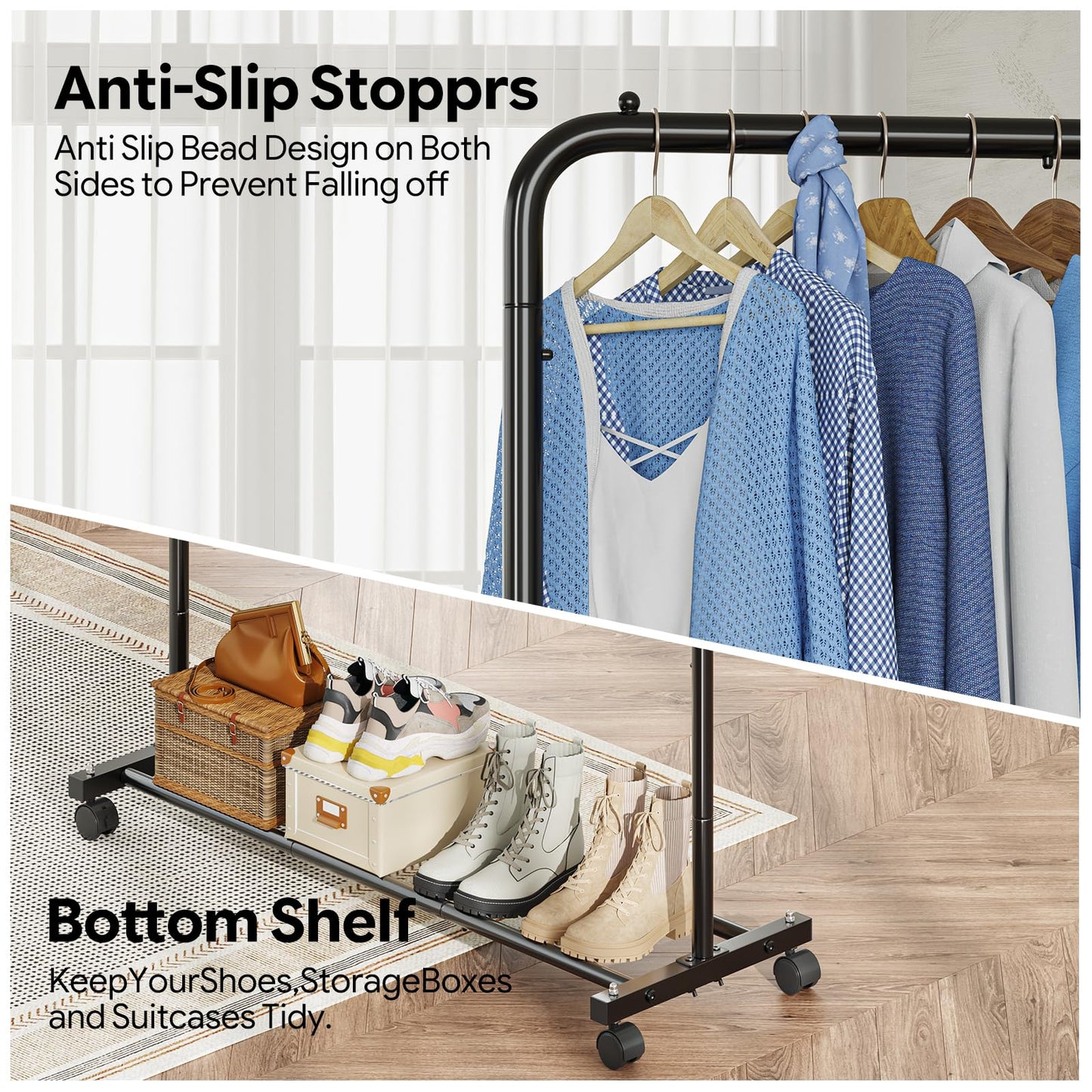 Simple Trending Clothing Rack for Hanging clothes, Portable Garment Rack with Bottom Shelf, Metal Clothes Rack on Wheels for Bedroom, Laundry Room, Black