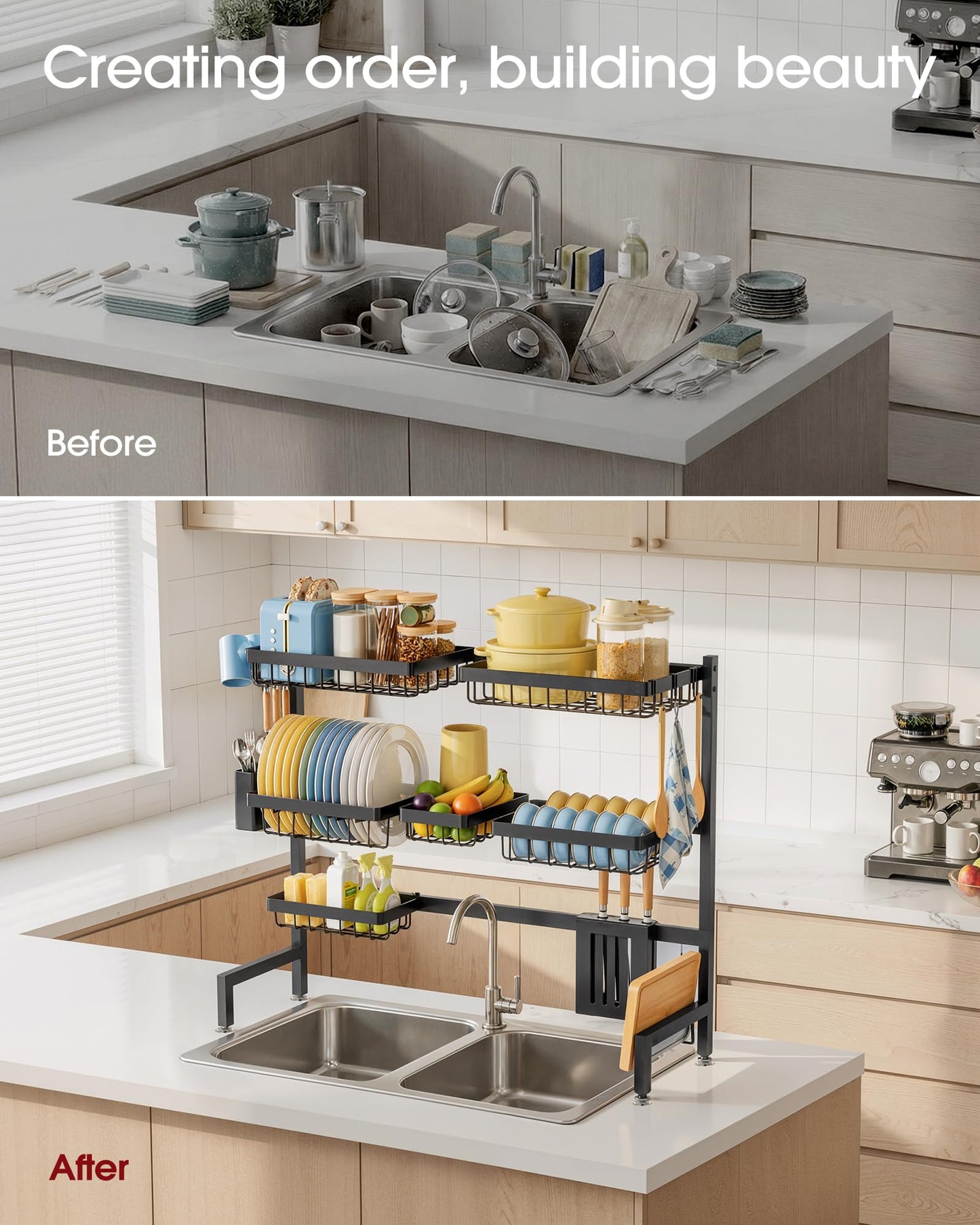 Sakugi Dish Drying Rack - Over The Sink Dish Drainer Drying Rack with Utensil & Knife Holder, Hooks, Stainless Steel Kitchen Organizers and Storage Solution, 11.8" D x 31.5"~39.0''W x 30" H, Black
