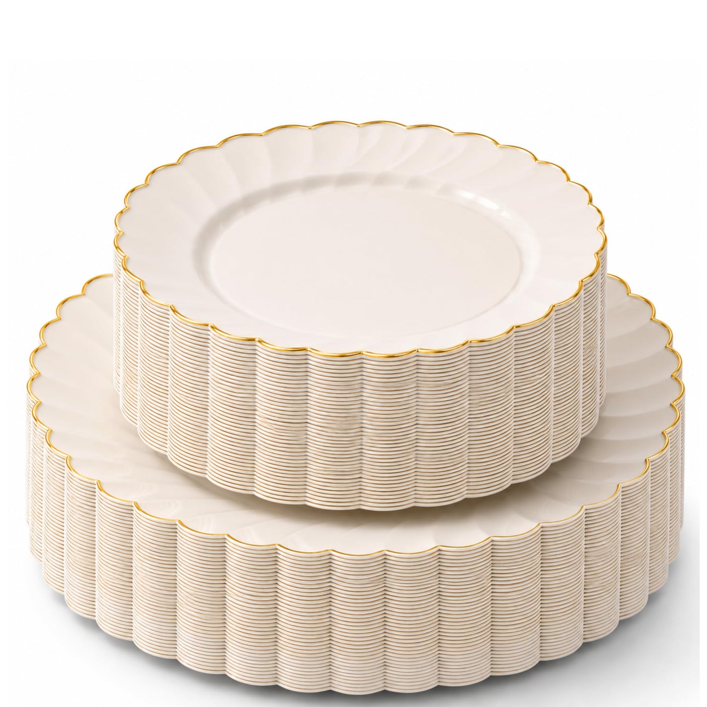 By Madee HEAVYWEIGHT Plastic Plates for Party | 60 Pc Ivory Scalloped Plates with Gold Trim | Fancy Disposable Plates for Weddings, Bridal Showers & Events | 30 Dinner & 30 Dessert