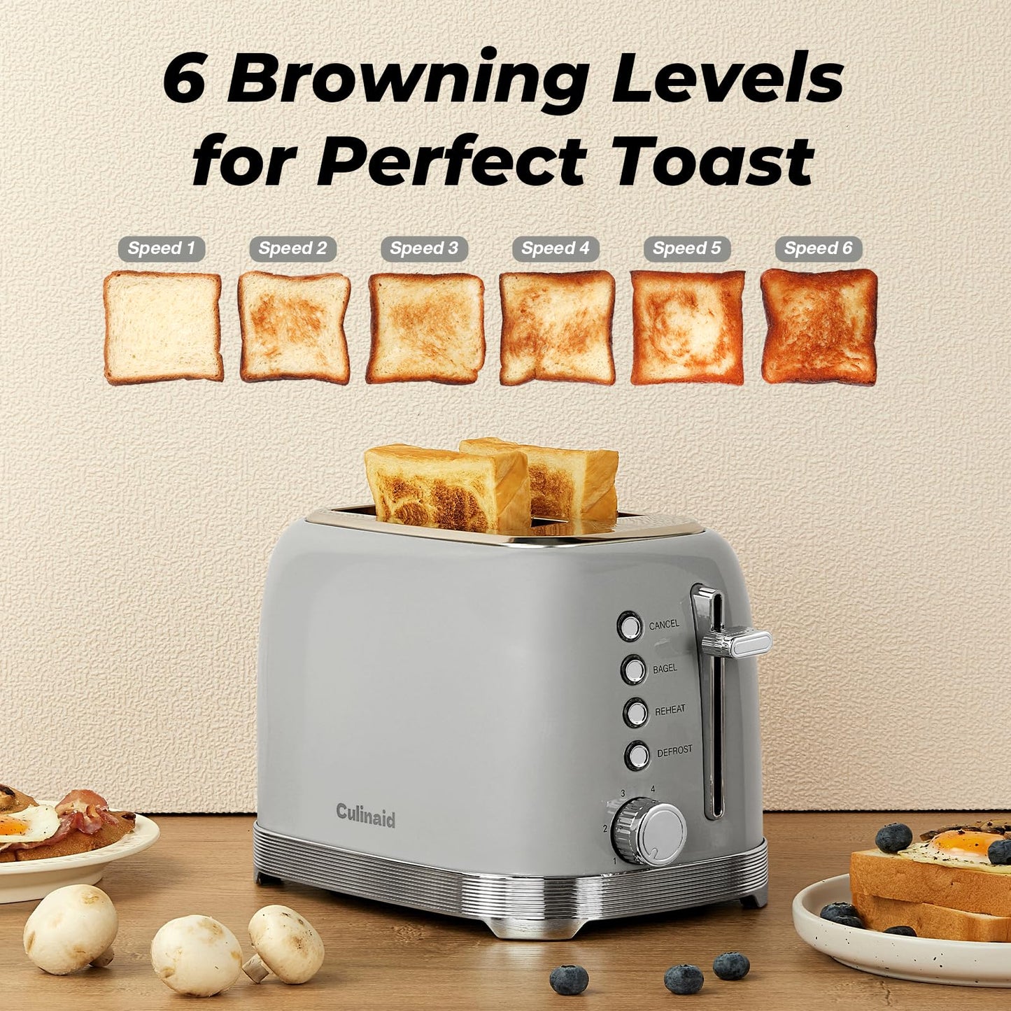 Culinaid Toaster 2 Slice Retro Stainless Steel with 1.5” Extra Wide Slots Bagel, Defrost, Reheat, Cancel Functions, 6 Bread Shade Settings, Removable Crumb Tray, Gray