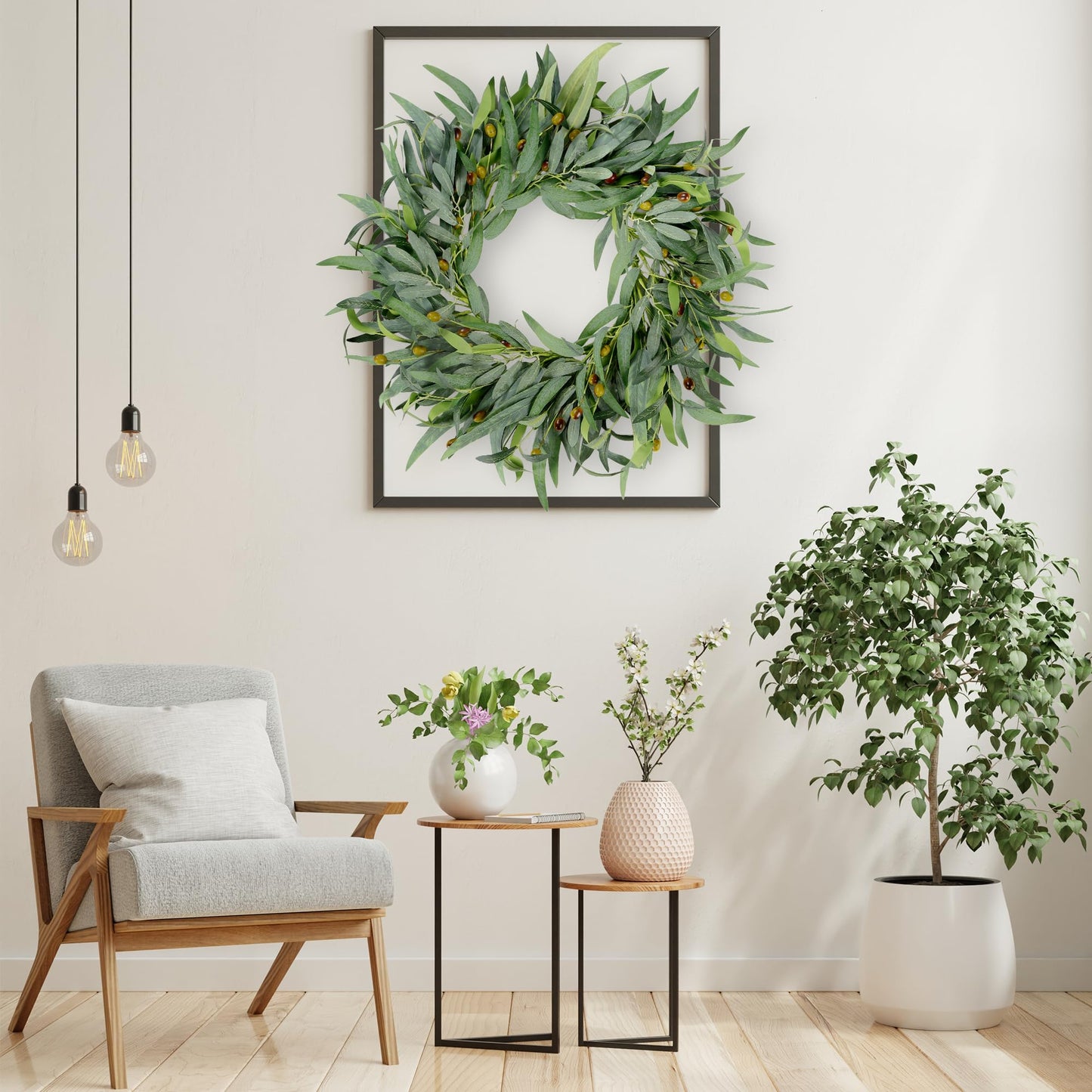 Sggvecsy Artificial Olive Wreath for Front Door 20 inch Greenery Wreath with Olive Leaves Olive Bean Green Leaves Wreath Spring Summer Wreath for All Seasons Wall Window Home Indoor Outdoor Decor