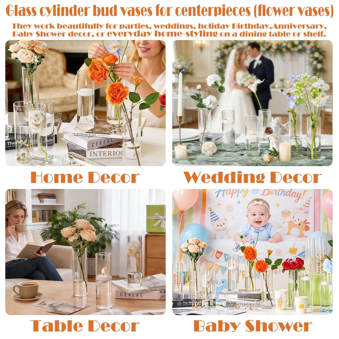 16Pcs Glass Cylinder Bud Vases for Centerpieces,7.7 In Tall Clear Flower Vases in Bulk,Glass Small Vases Floating Candle Holder for Party,Home Decor,Wedding Decoration,Birthday,Anniversary,Baby Shower