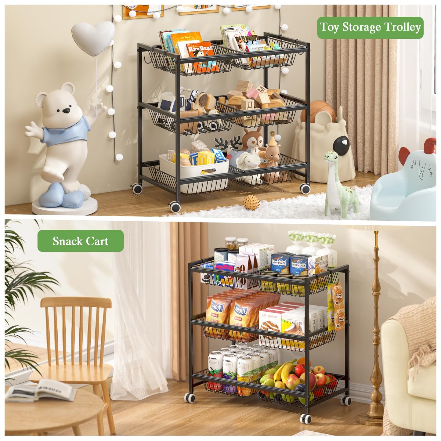 3-Tier Rolling Pantry Floor Organizer Cart with 6 Detachable Baskets, Metal Wire Fruit Basket Stand with Wheels, Kitchen Storage Cart for Fruit Vegetables, Snack Cart for Pantry Kitchen Living Room