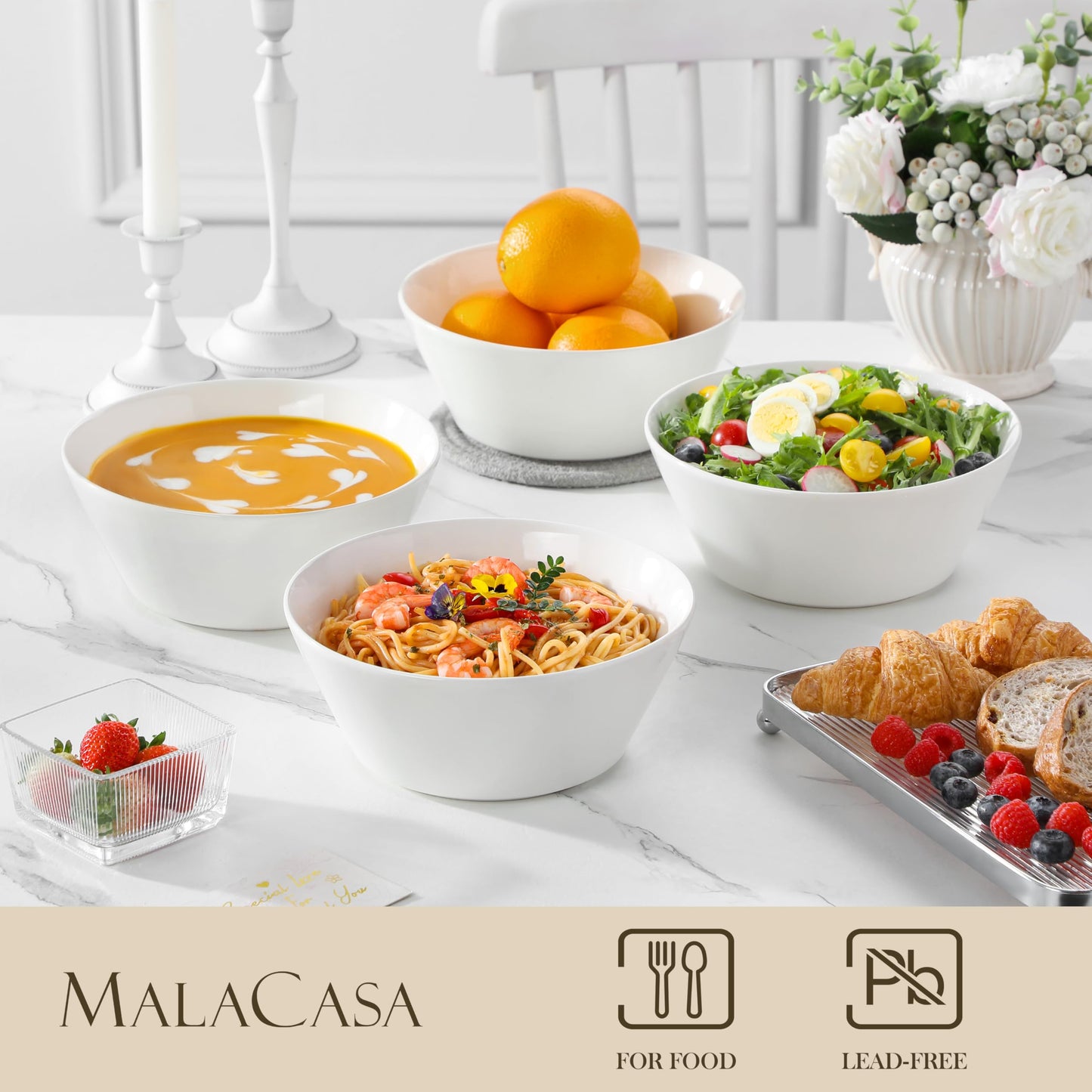 MALACASA Large Salad & Soup Bowls - Set of 4, 60 OZ Porcelain White Bowls for Ramen, Pasta, Pho - Microwave & Dishwasher Safe