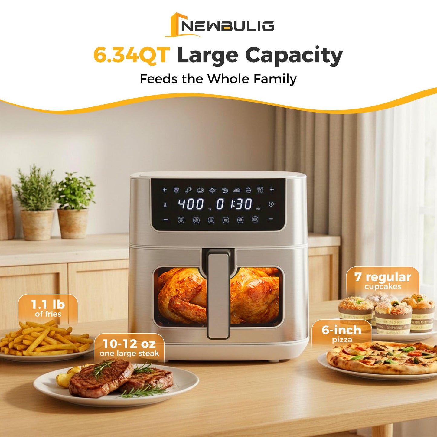 NEWBULIG Air Fryer 6.34QT, Airfryer with Visible Window, 400℉ Fast Heating Air Fryers Oven with Nonstick and Dishwasher-Safe Basket, 8-in-1 Cooking Preset, Timer，Auto-Off, Stainless Steel, White
