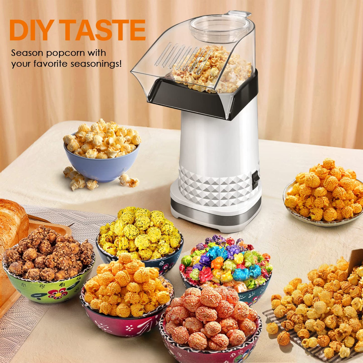 4.5 Quarts No Oil Electric Popcorn Machine with Measuring Cup + Melts Butter, Quick & Easy Hot Air Popcorn Popper Maker with On/Off Switch, Etl Certified, Air Popper for Movie Nights Parties(White)