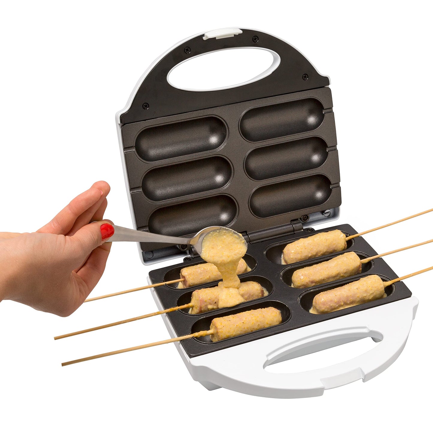 MasterChef Corn Dog Maker w 50 Skewers- Electric Nonstick Kitchen Baker- Fryer Machine Makes Hot Dogs, Cheese Mozzarella Sticks, Cake Pops, BBQ, Carnival Food, Apps & Parties- Fathers Day Gift for Dad