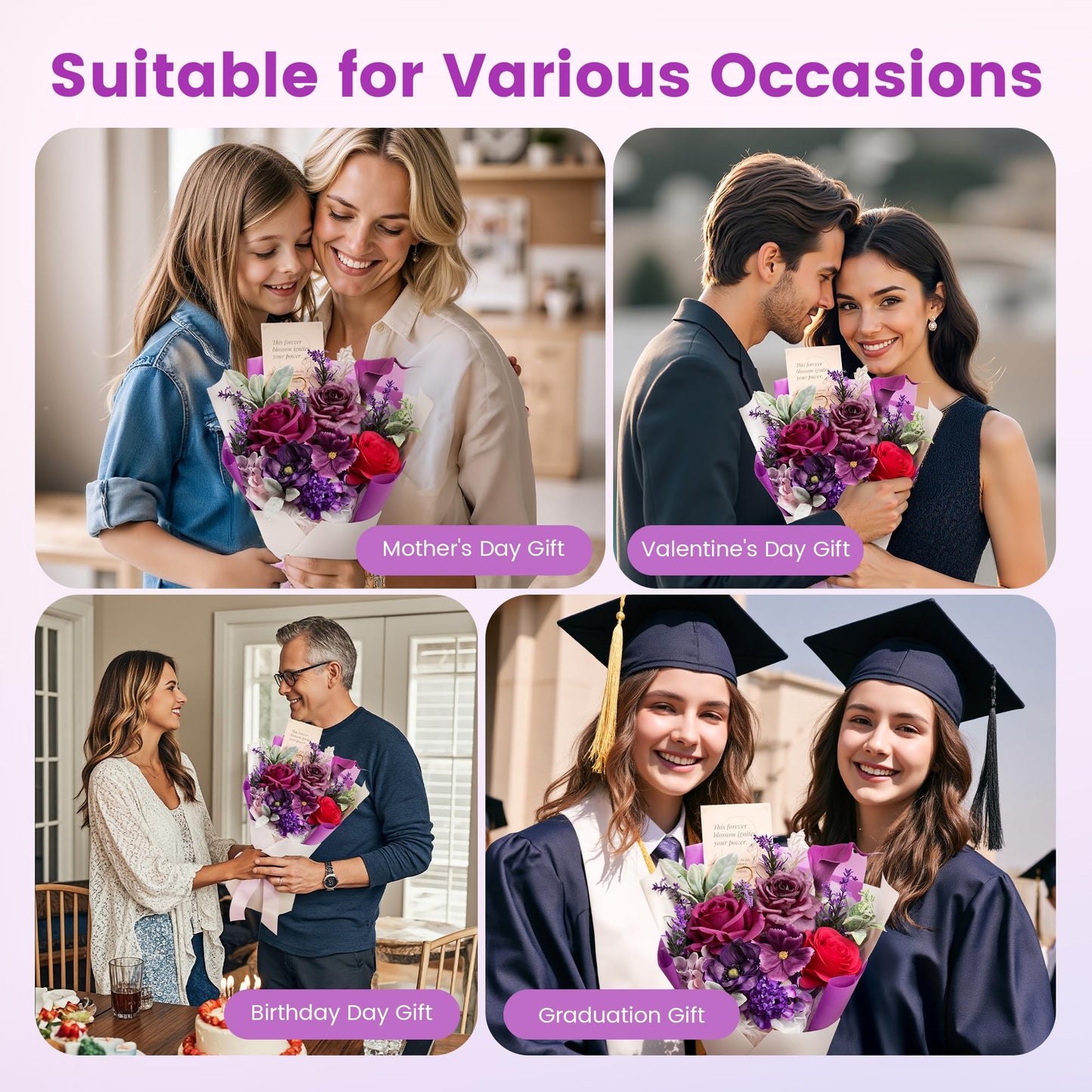 TINGE TIME Mothers Day Preserved Flowers Bouquet, Forever Flowers Gifts for Mom, Birthday Gifts for Women, Eternal Roses Bouquet for Grandma Wife Anniversary Graduation(Purple)