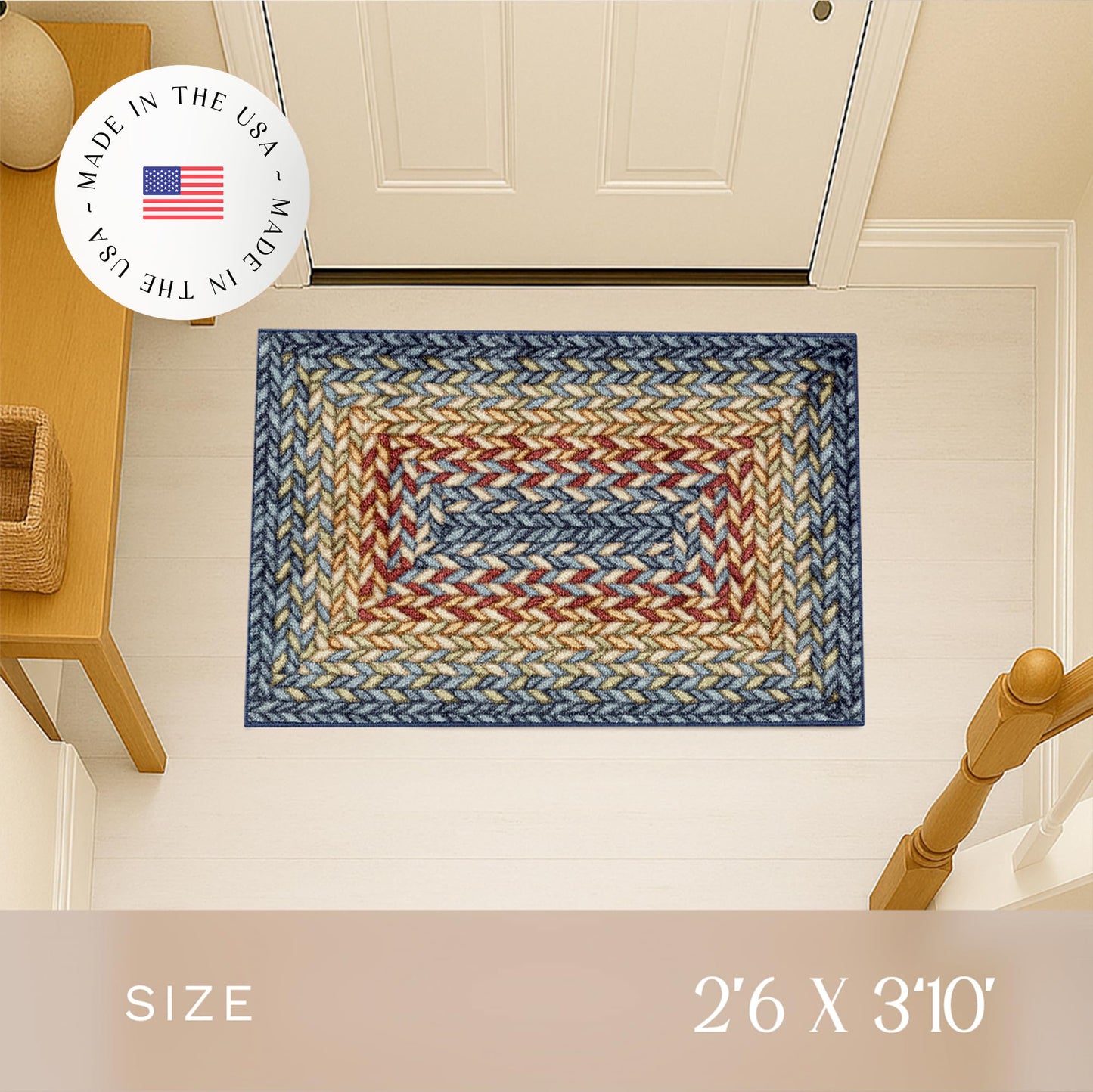 Maples Rugs Marion Bohemian Braided-Style Print Area Rug – Made in USA – Washable, Non-Slip Low-Profile Small Indoor Rug for Entryway & Kitchen, 46" x 30", Multi-Color