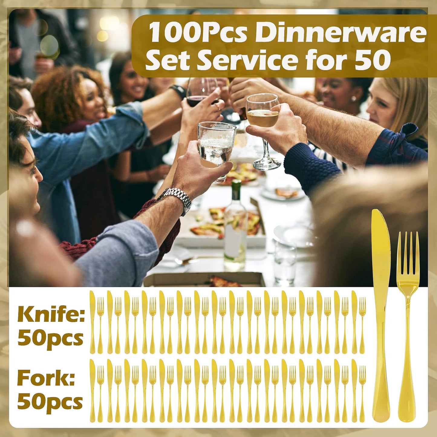 100 Pcs Stainless Steel Gold Silverware Set Bulk Flatware Set Service for 50, 50 Pcs Dinner Forks and 50 Pcs Dinner Knives Tableware Cutlery Set for Butter Kitchen Restaurant, Dishwasher Safe