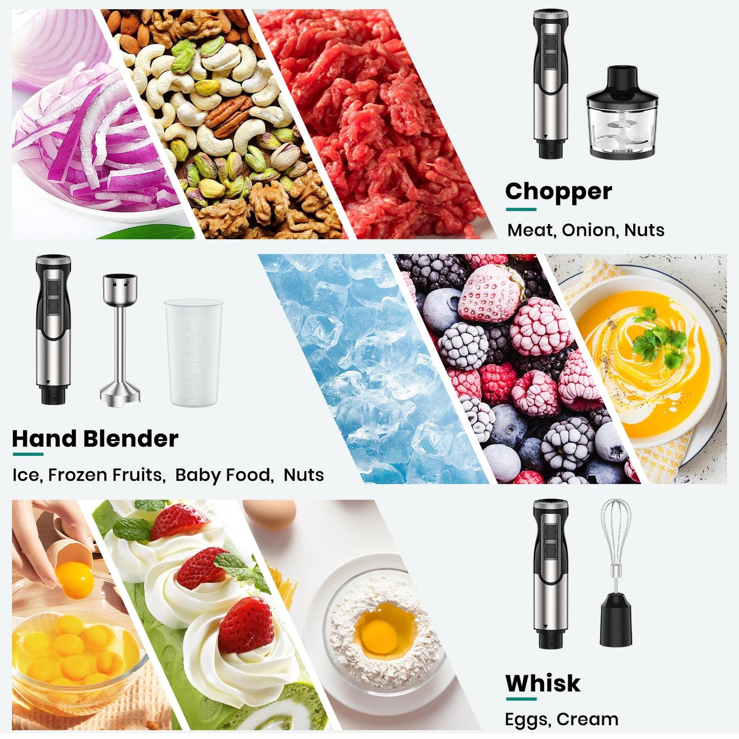 Colarlemo 1800W Immersion Blender Handheld 4-in-1 Hand Blender Stick for Ice Crushing Smoothie, Baby Food, Soup, 8 Speed Hand Mixer Turbo Boost Stainless Steel Blade with Whisk, Chopper, Beaker