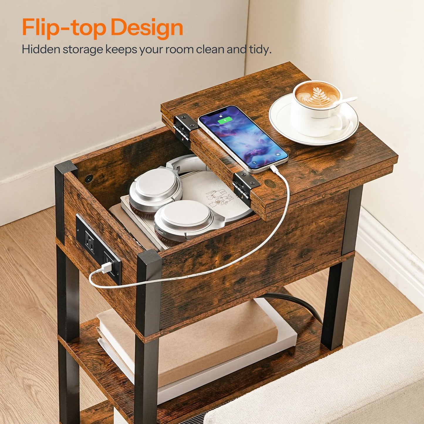 HOOBRO End Table with Charging Station, Flip Top Side Table with USB Ports, Narrow Nightstand Bedside Tables with Storage Shelves, for Small Space, Living Room, Rustic Brown and Black BF141UBZ01