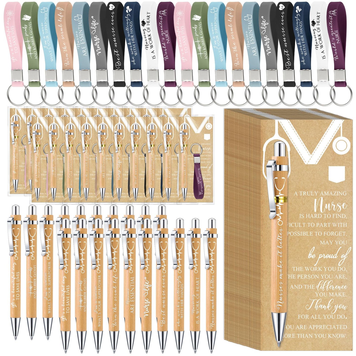 Jetec 60 Sets CNA Week Gifts Nurse Graduation Appreciation Gifts Bulk for Nursing Students Coworkers Employees Doctor Team Staff Office Include Bamboo Pen Card Keychain