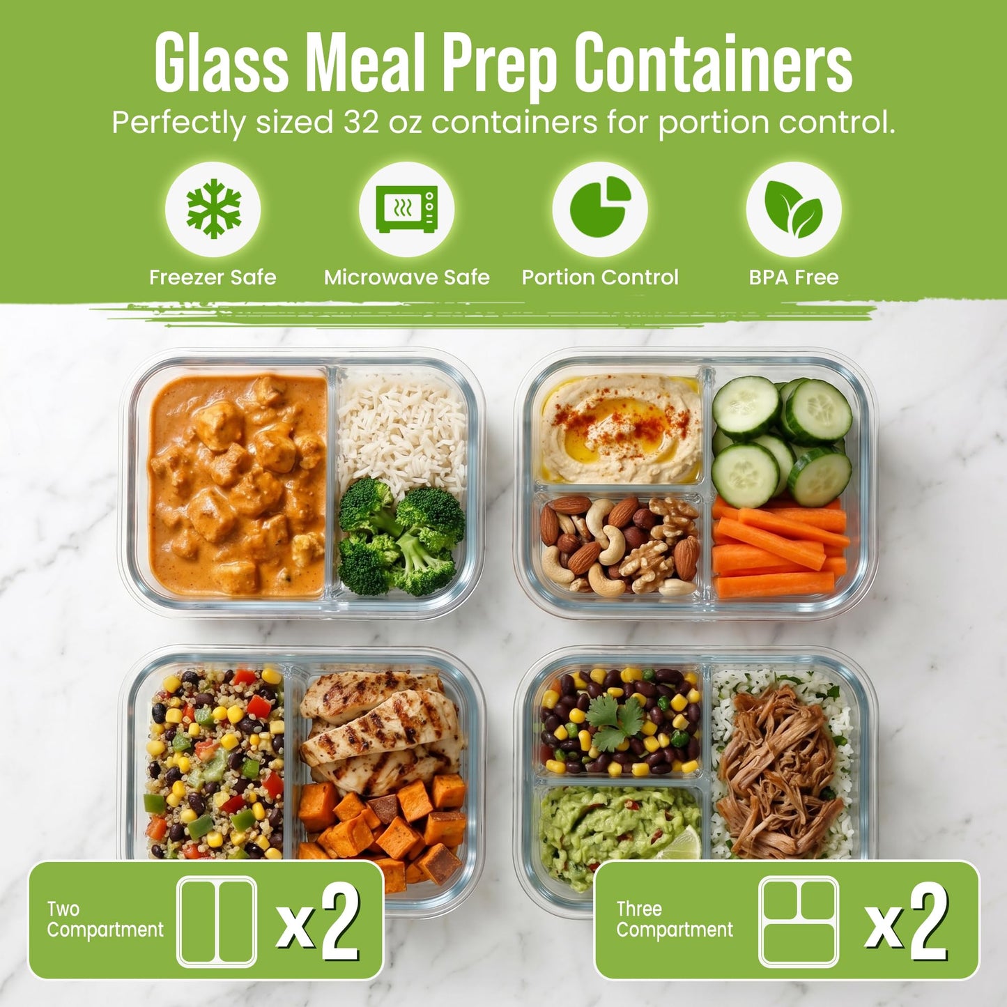 FIT Strong & Healthy Glass Meal Prep Containers, 2 & 3 Compartments - Portion Control, Lunch Container Set, Food Storage, Airtight Lids, Oven & Freezer Safe, Leak-Proof Bento Box, 32 oz, Blue, 4 Pack