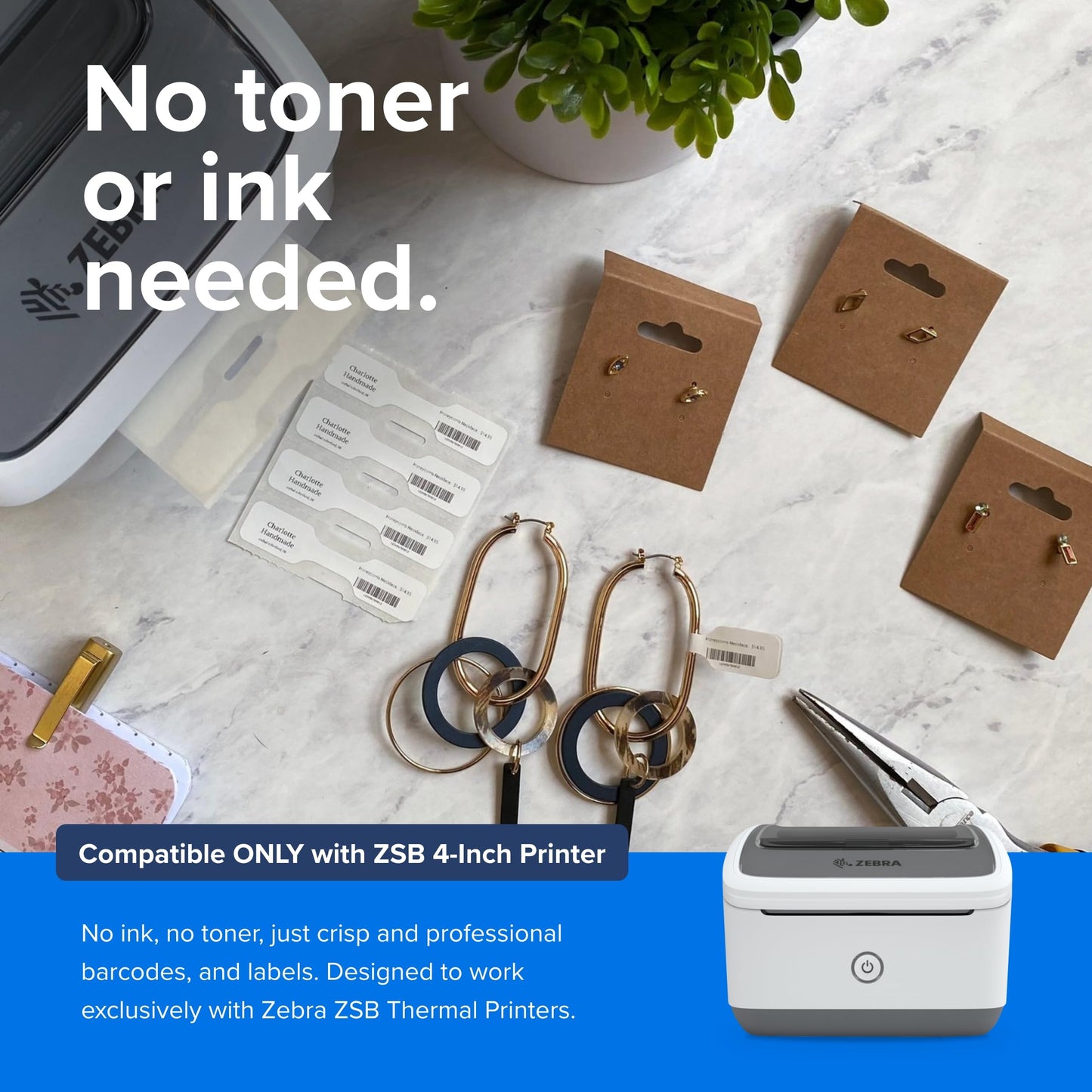 Zebra ZSB Series Labels - Potato Starch-Based Printer Label Paper - Recyclable Cartridge for Stickers - Versatile, Cloud-Based Adhesive - Jewelry, 2.25" x 0.5"