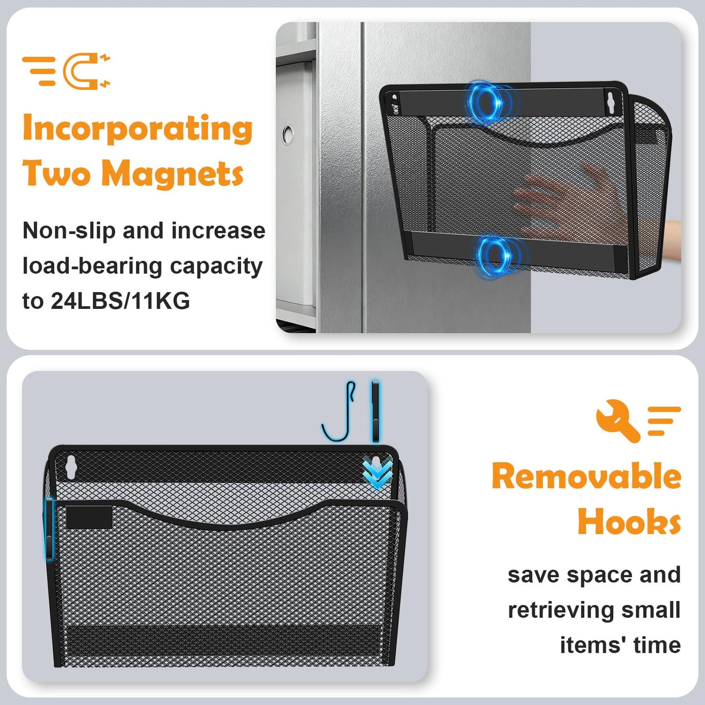 Magnetic File Holder, 3PCS Wall Hanging File Paper Mail Organizer with Removable Hooks, No Drilling Magazine Document Holder for Whiteboard, Refrigerator, File Cabinets, Washing Machine, Office,Black