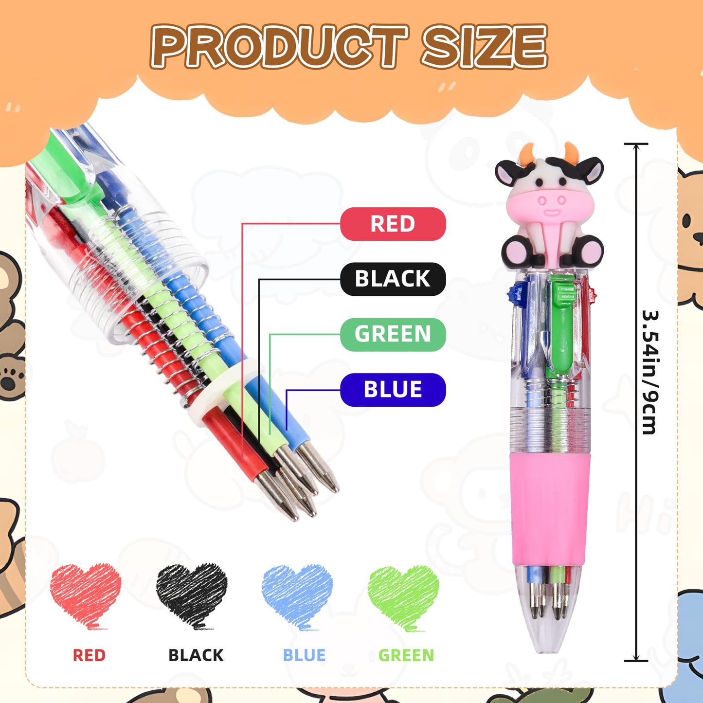 LiYiQ 100 Pcs Animals Multicolor Pen in One Cartoon Cute Fun 4-in-1 Cute Pens Bulk Kawaii Bear Cow Cat Elephant Tiger Lion Rabbit Monkey and Frog Shapes Cool Ballpoint Pens for Fun Gifts