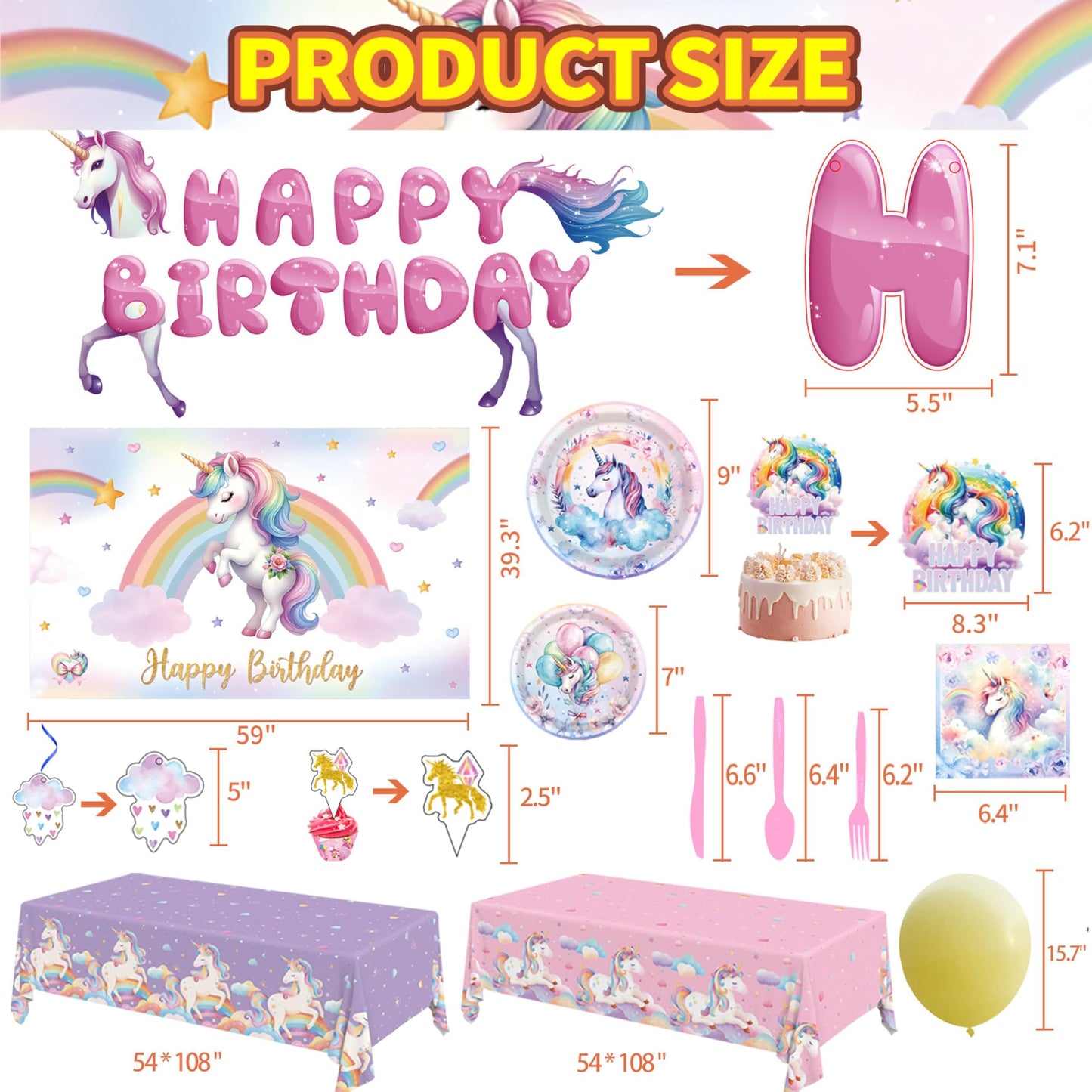 Unicorn Party Birthday Supplies - 220Pcs Unicorn Party Decorations Included Backdrop, Banner, Tablecloth, Hanging Swirls, Cupcake Toppers, Tableware, Paper Towel, Latex Balloons (BIG)