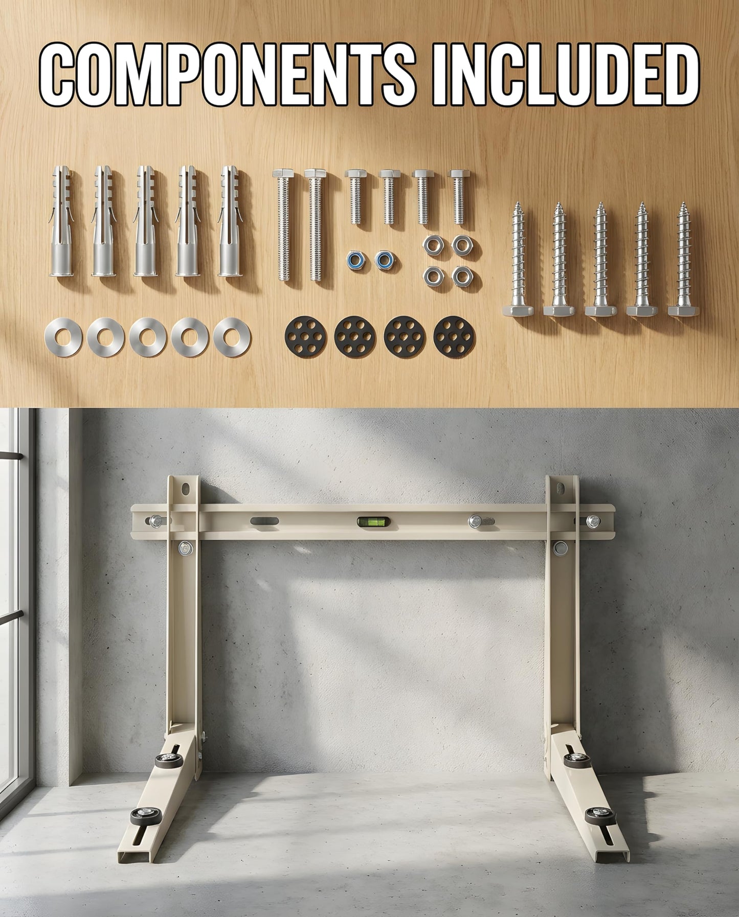 Heavy Duty Mini Split Wall Mounting Bracket for Outside, 400lb Load Capacity, Galvanized Carbon Steel, Dual Anti-Rust Coating, Leveling Bar, Anti-Vibration Pads, Fits 7000–12000 BTU AC Units