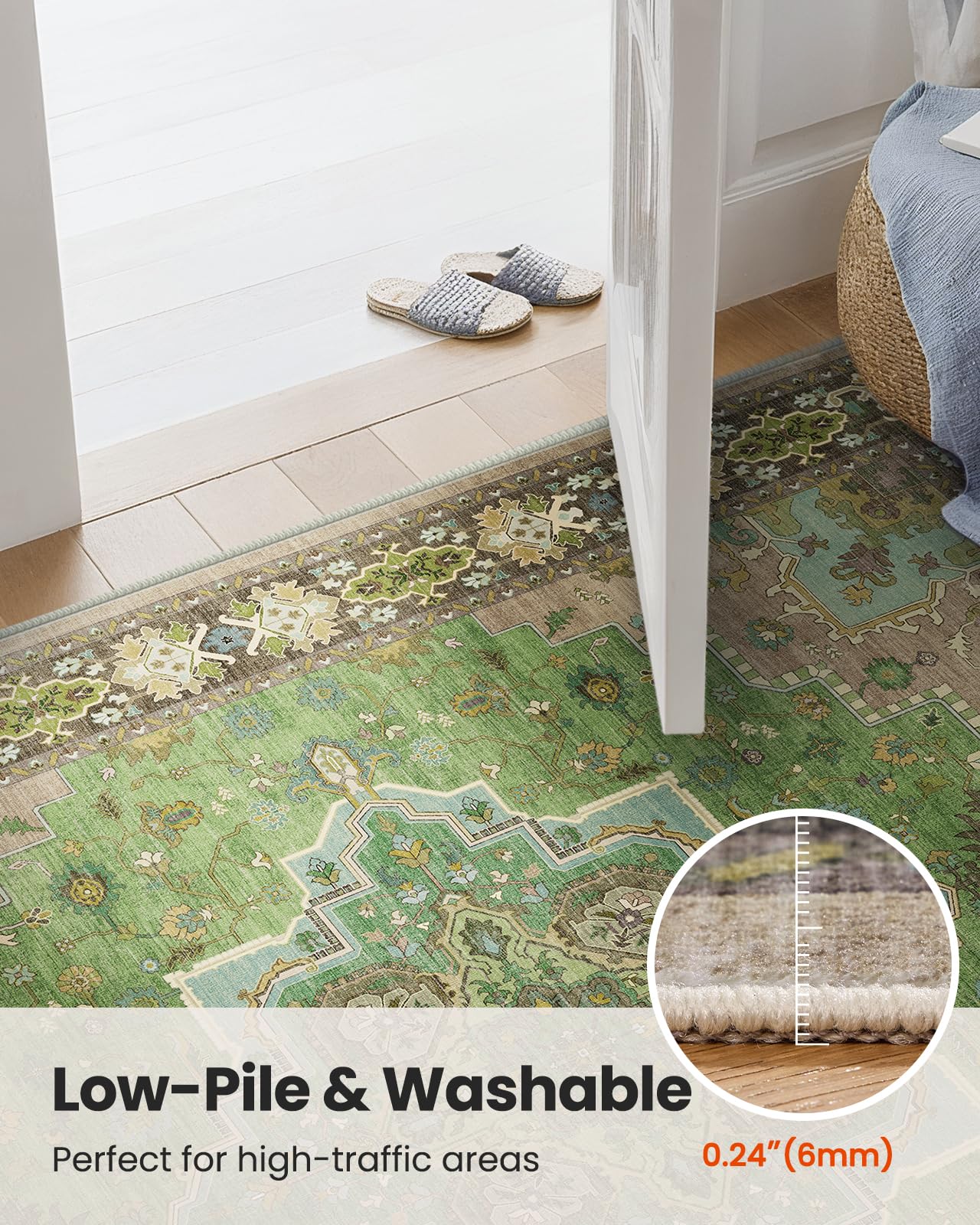 AMADA HOMEFURNISHING 8x10 Area Rug for Living Room, Vintage Washable Area Rug Low-Pile & Non-Slip Carpet for Bedroom Dining Room Nursery Home Office, Green