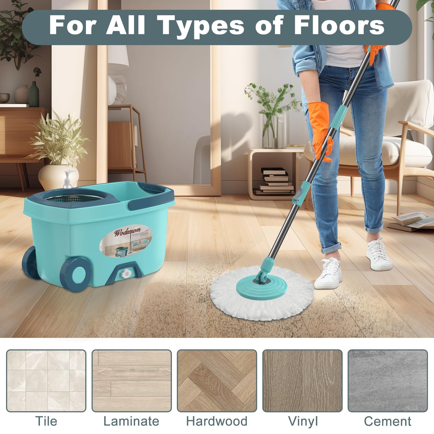 Spin Mop and Bucket System, Mop and Bucket with Wringer Set,Mops for Floor Cleaning,Household Supplies Tools with 6 Replacement Refills,61" Extended Handle for Household Hardwood Floor - Green