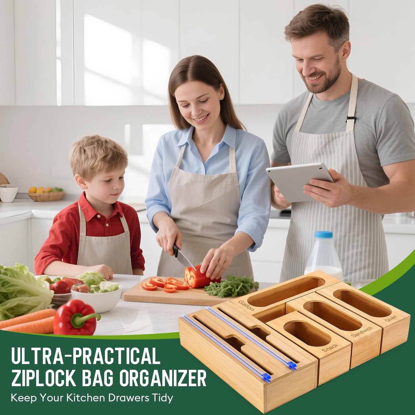 Gamtik Individual Storage Bag Organizer for Kitchen Drawer, Bamboo with Foil and Plastic Wrap Organizer for Kitchen Organizers and Storage, for Gallon, Quart, Sandwich, Snack