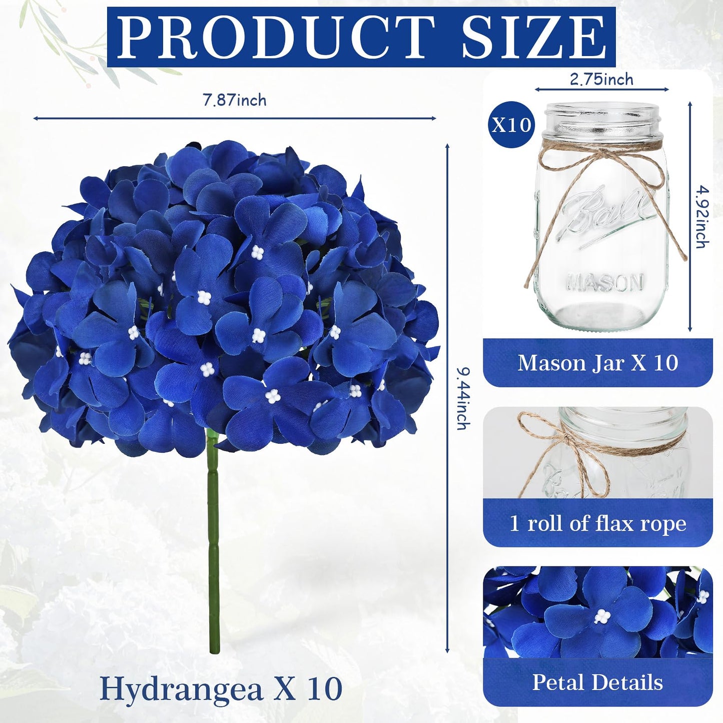 Scawim Mason Jars with Hydrangea, 10 Set Artificial Flower Table Centerpieces Glass Flowers Vases Decor for Home Wedding Farmhouse Bridal Shower Graduation Boho Decorative(Royal Blue)